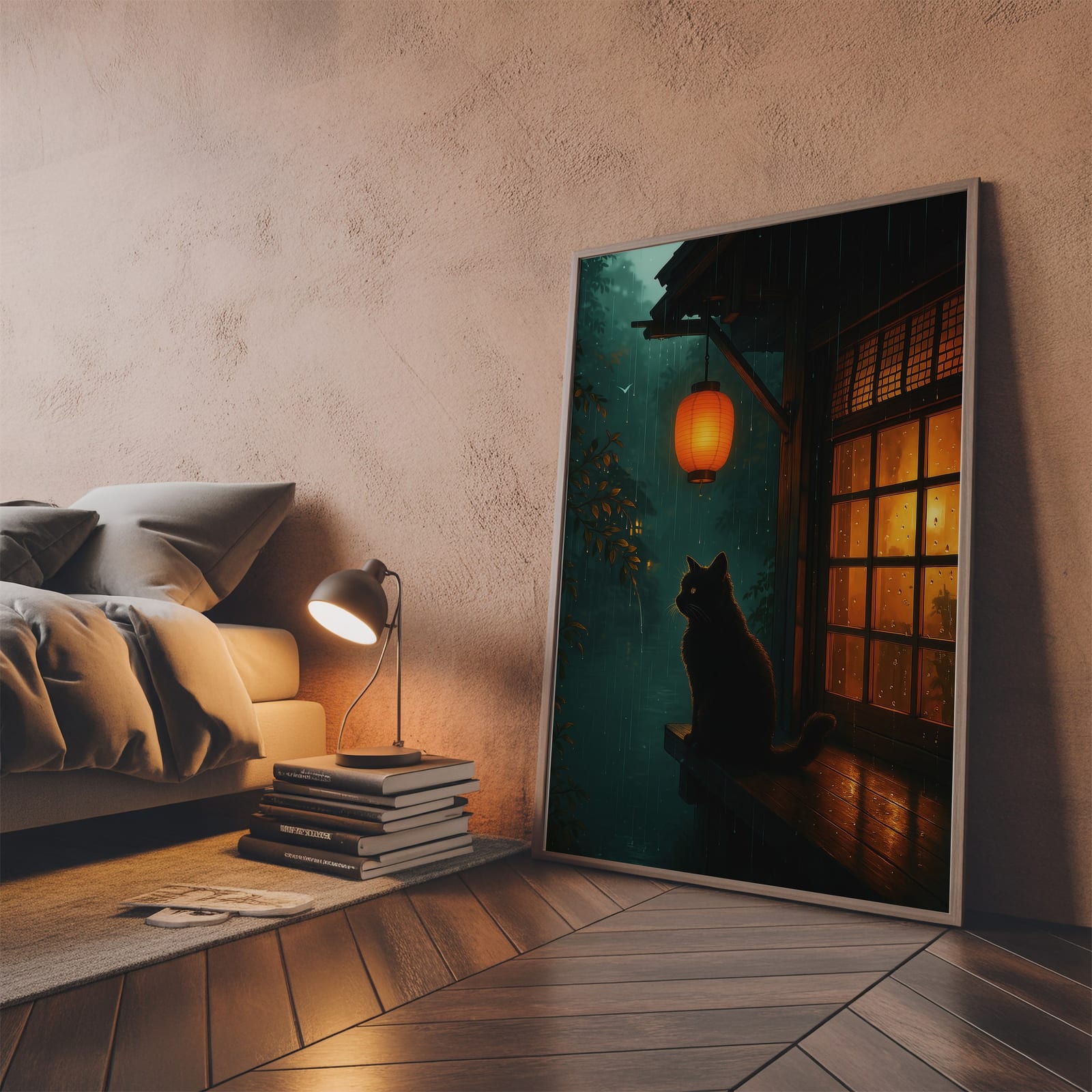 Svart Katt med Lykt Print, Zen Veggkunst Regnfull Natt, Gave til Katteelskere