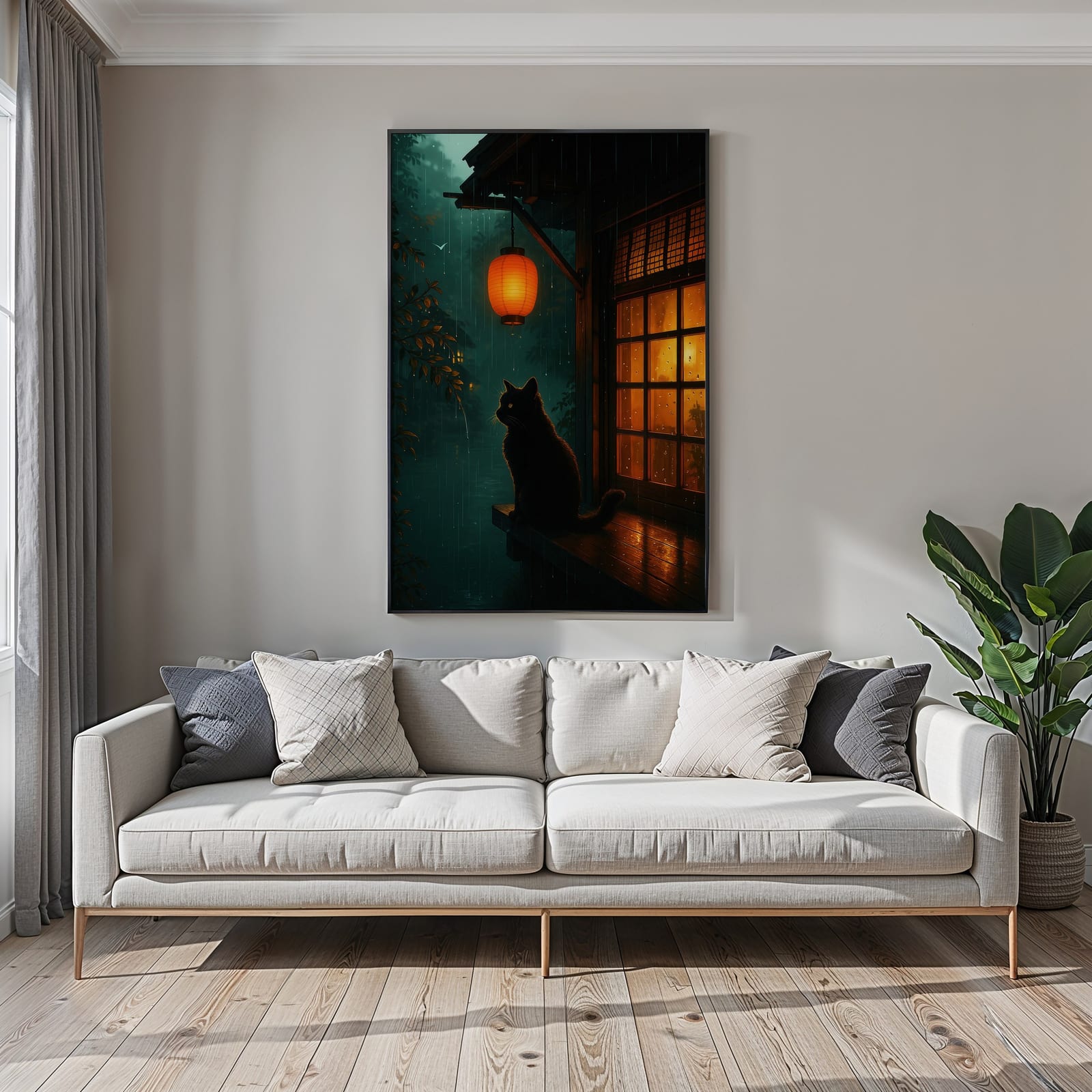 Svart Katt med Lykt Print, Zen Veggkunst Regnfull Natt, Gave til Katteelskere