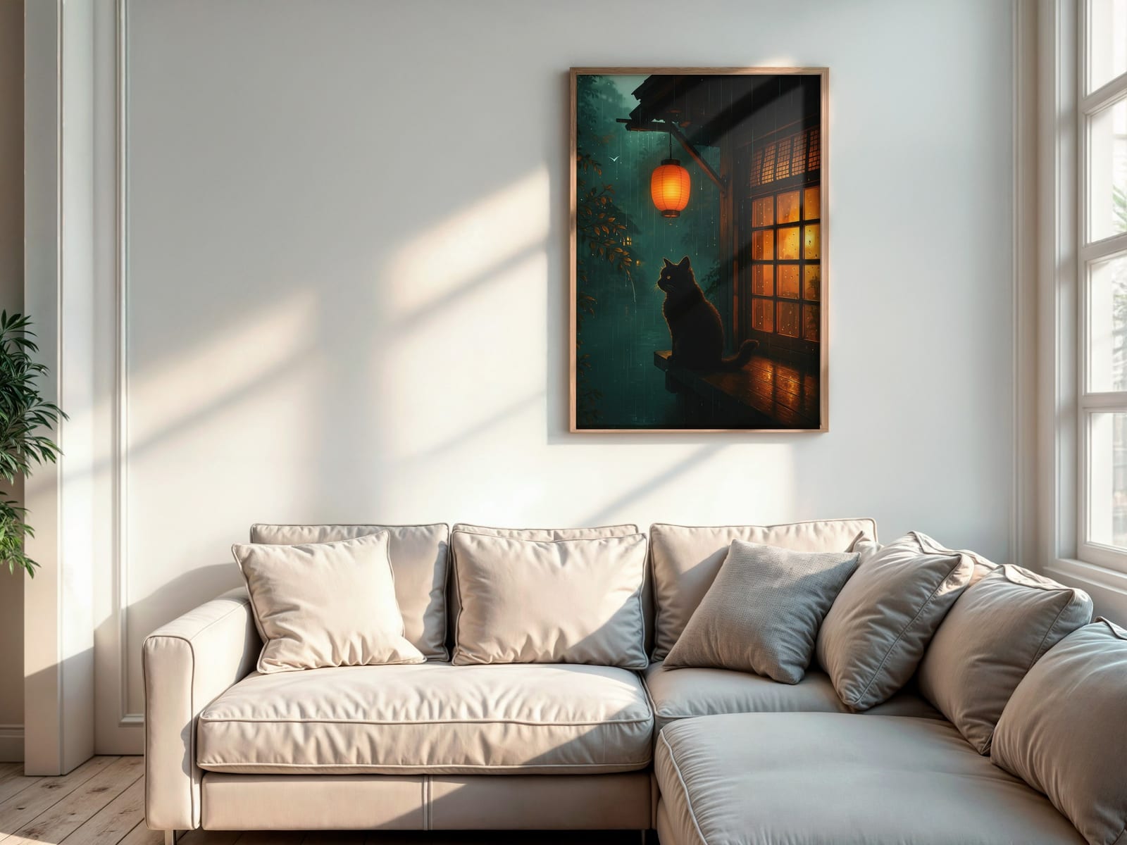 Svart Katt med Lykt Print, Zen Veggkunst Regnfull Natt, Gave til Katteelskere