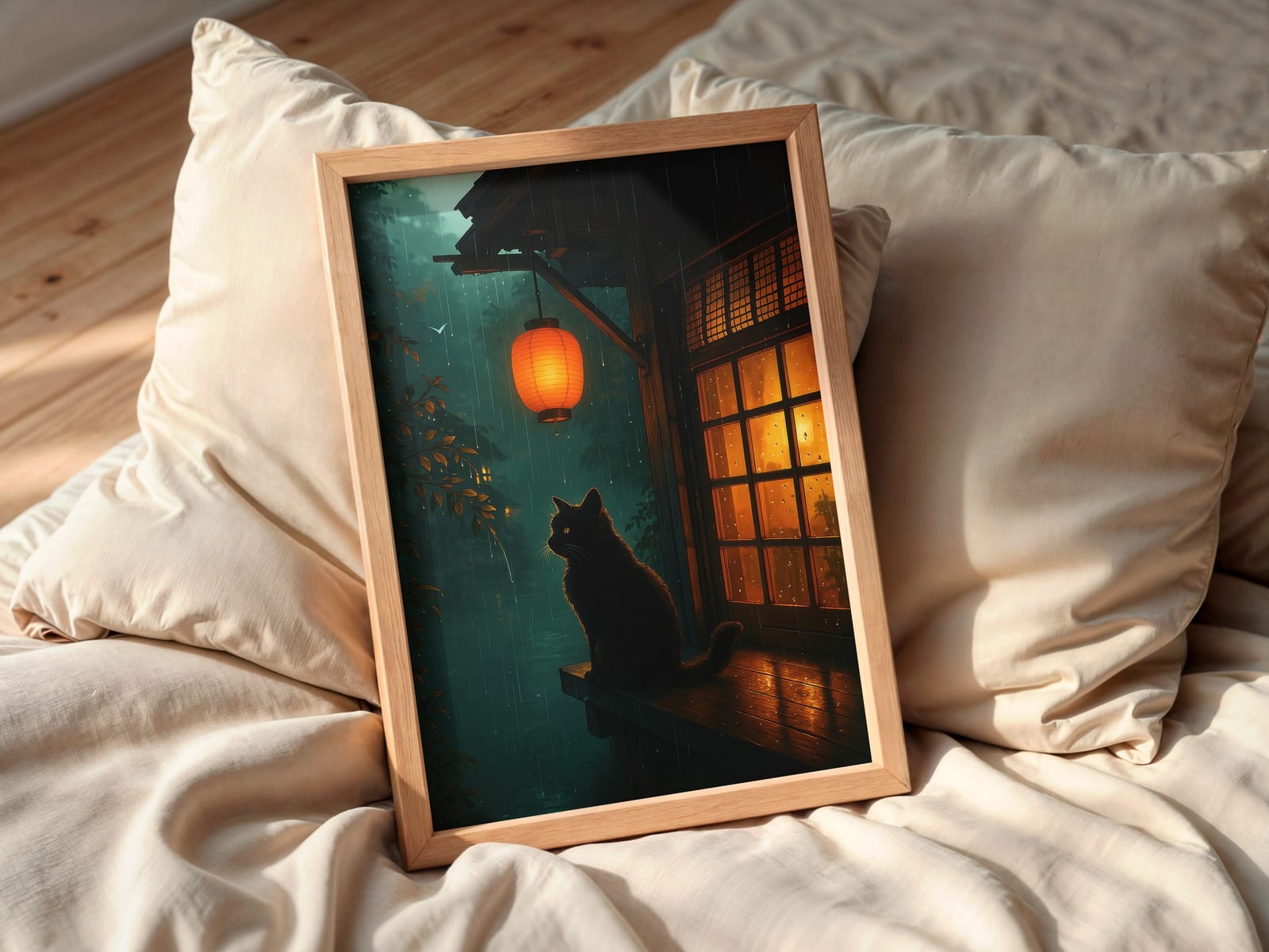 Svart Katt med Lykt Print, Zen Veggkunst Regnfull Natt, Gave til Katteelskere