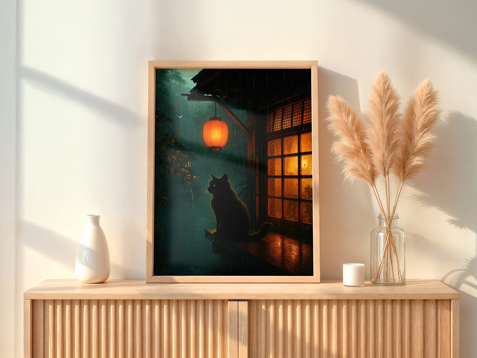 Svart Katt med Lykt Print, Zen Veggkunst Regnfull Natt, Gave til Katteelskere