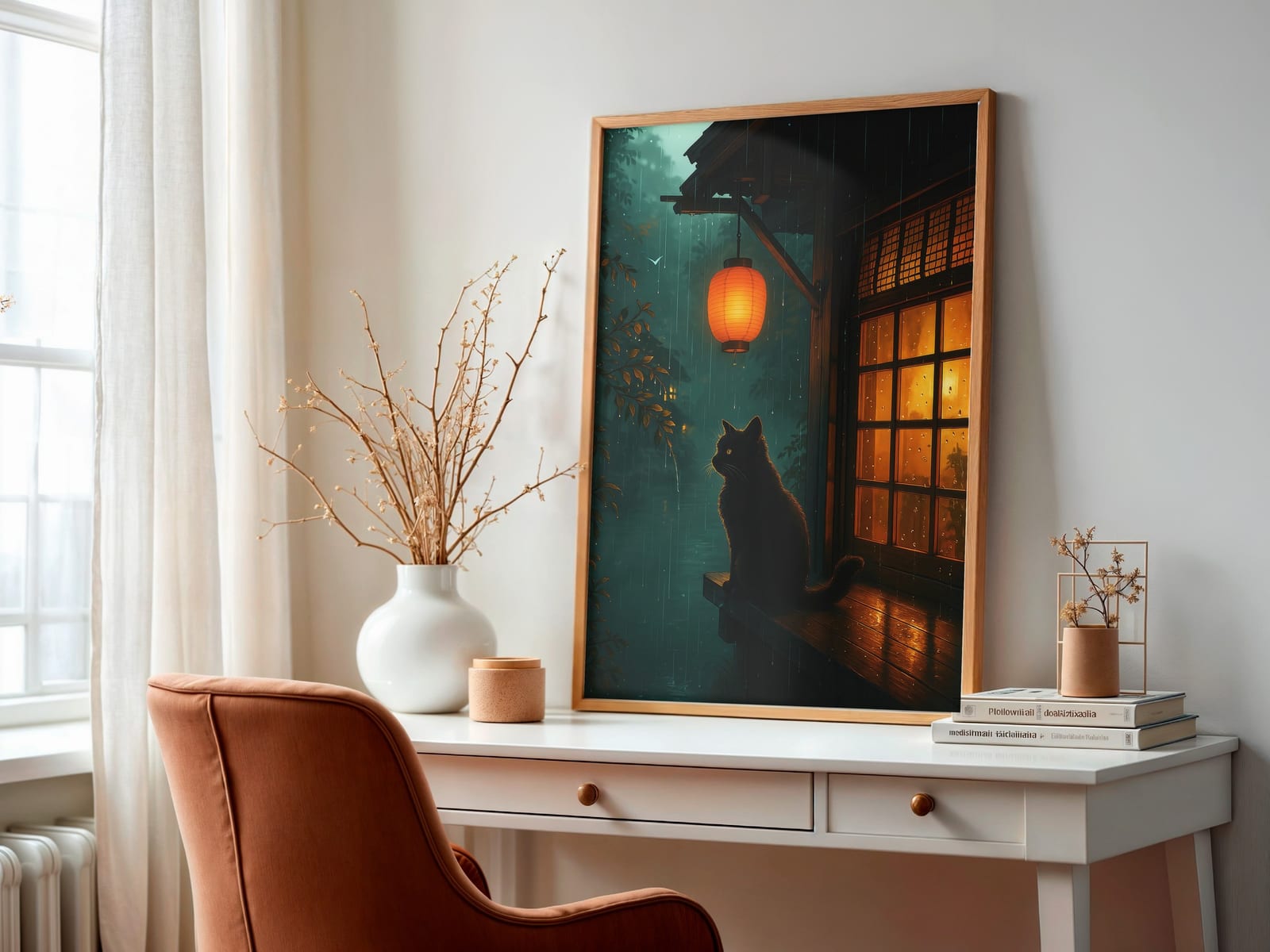 Svart Katt med Lykt Print, Zen Veggkunst Regnfull Natt, Gave til Katteelskere