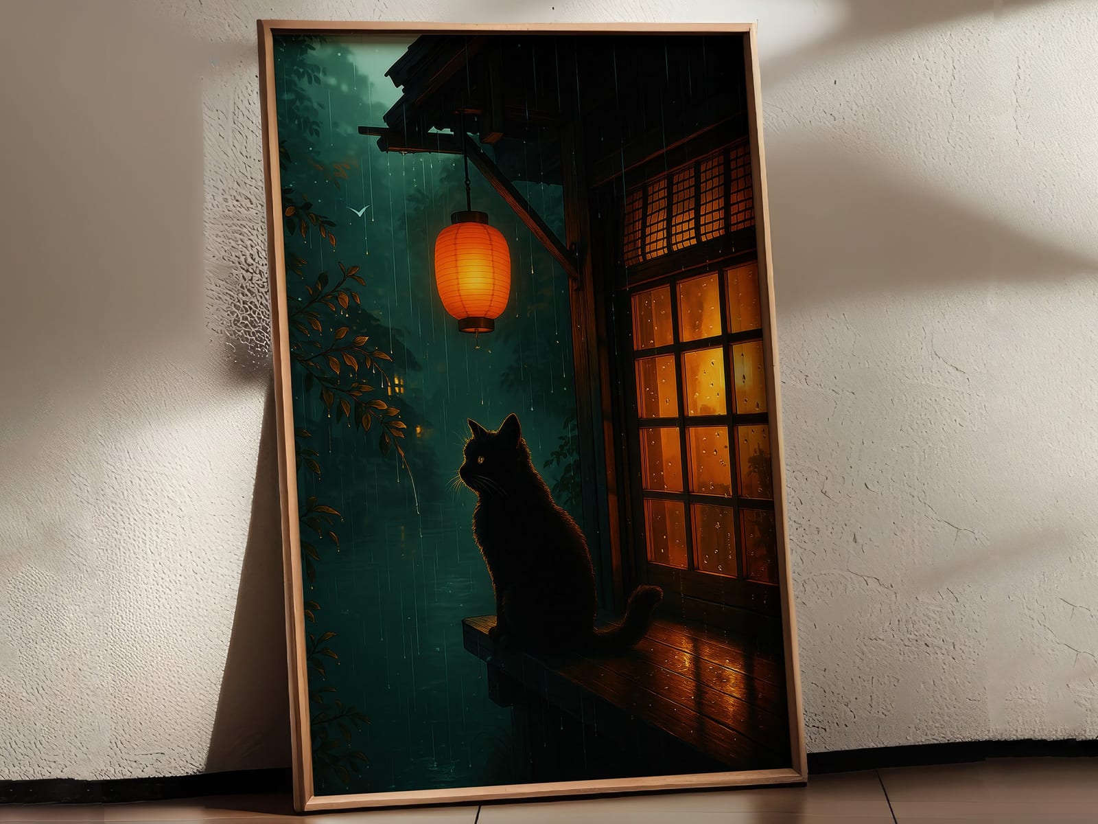 Svart Katt med Lykt Print, Zen Veggkunst Regnfull Natt, Gave til Katteelskere