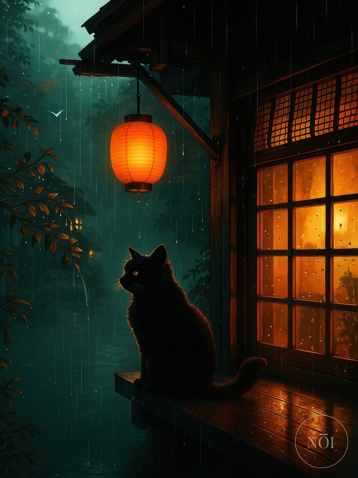 Sort Kat med Lanterne Print, Zen Vægkunst Regnfuld Nat, Gave til Katteelskere — Poster (ungerahmt)
