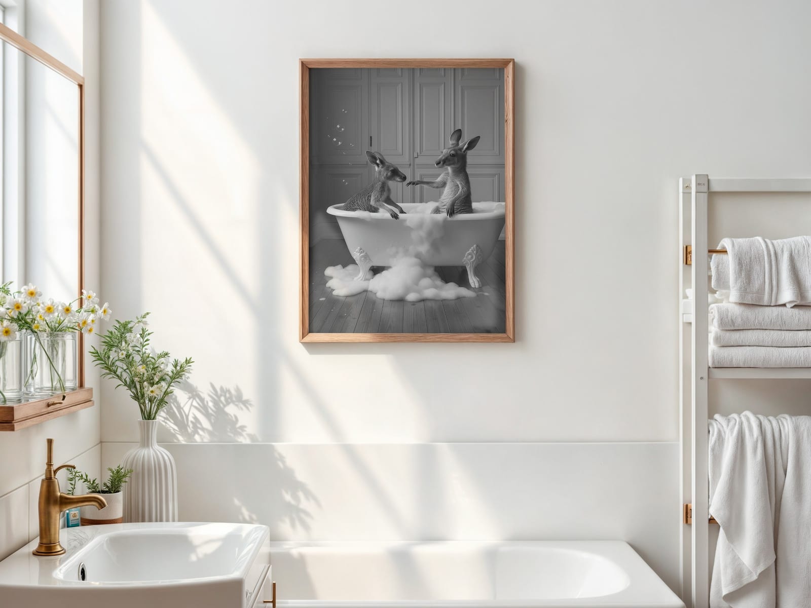 Stampa Canguro nella Vasca, Arte Murale Animale Surreale, Decoro Divertente per il Bagno