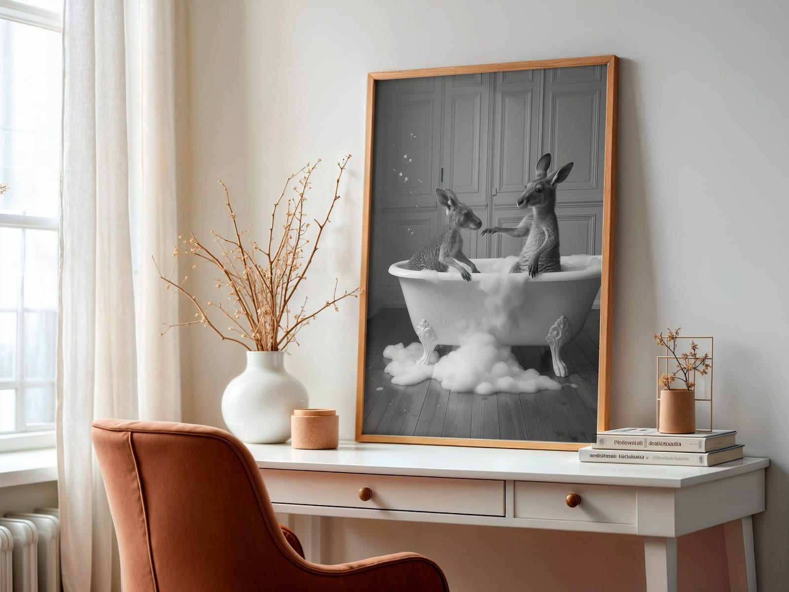 Stampa Canguro nella Vasca, Arte Murale Animale Surreale, Decoro Divertente per il Bagno