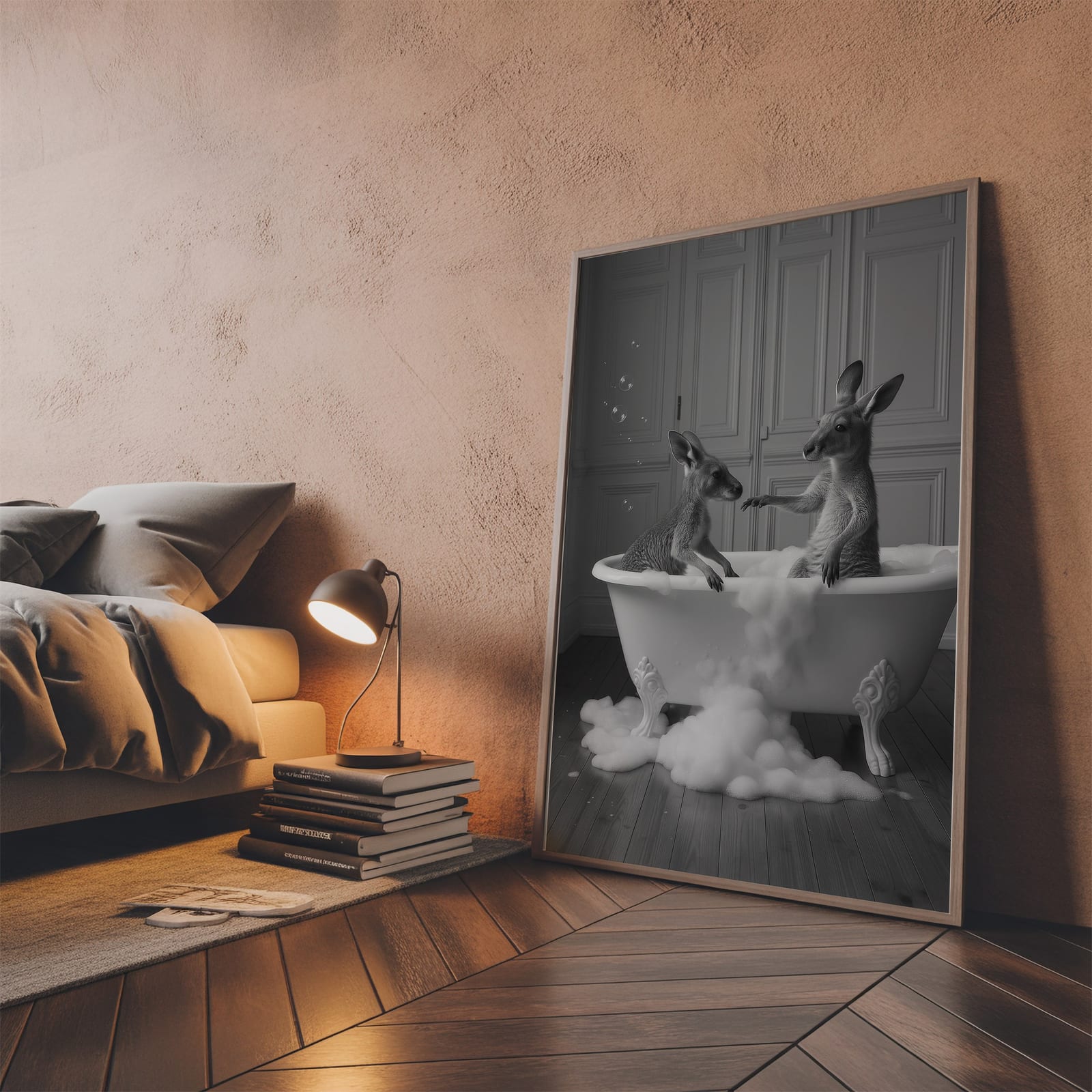Stampa Canguro nella Vasca, Arte Murale Animale Surreale, Decoro Divertente per il Bagno