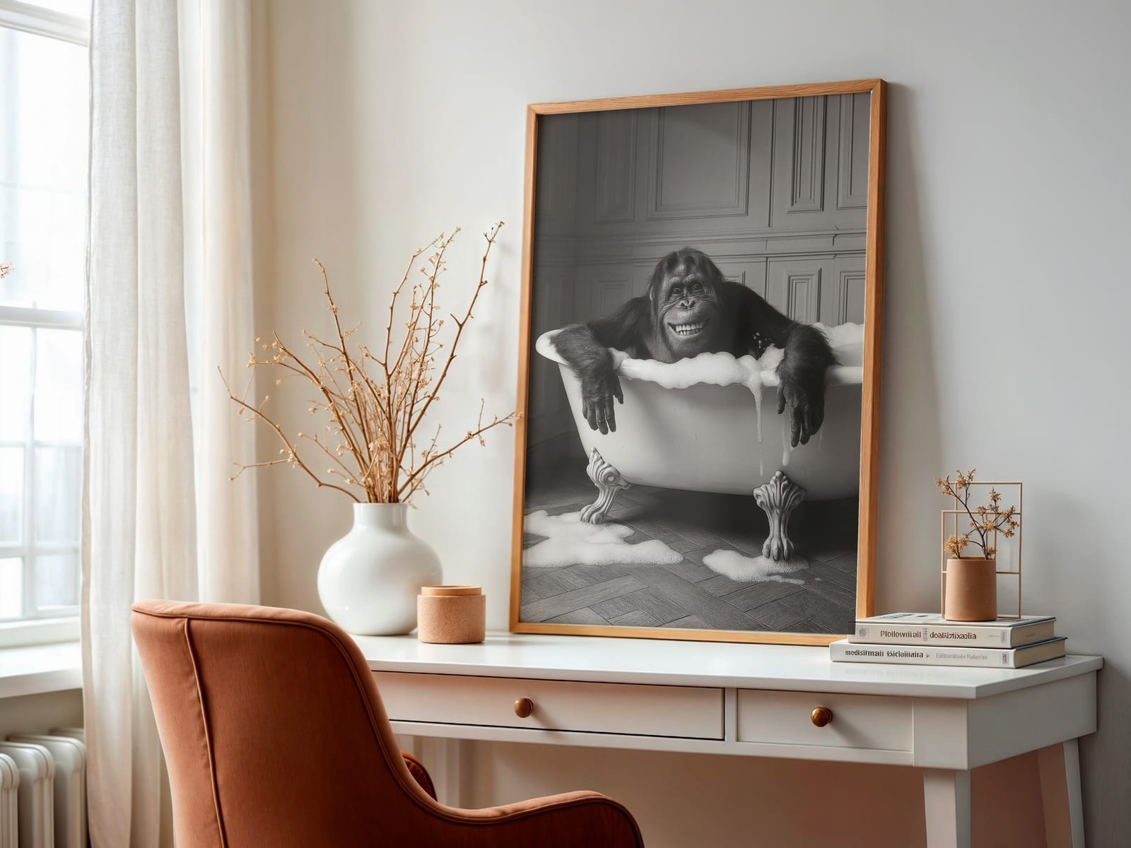 Abe i Badekar Print, Sjov Badeværelse Vægkunst, Sort-hvid Dyrehumor