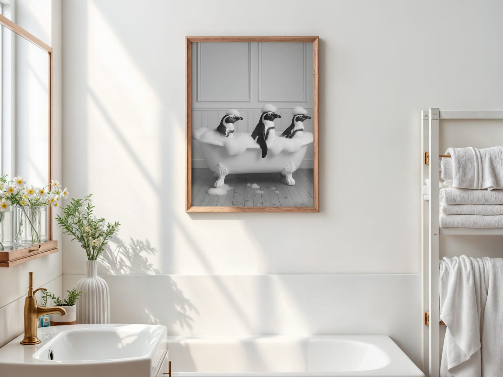 Penguins in Bathtub Print, Funny Bathroom Wall Art, Deadpan Animal Humor