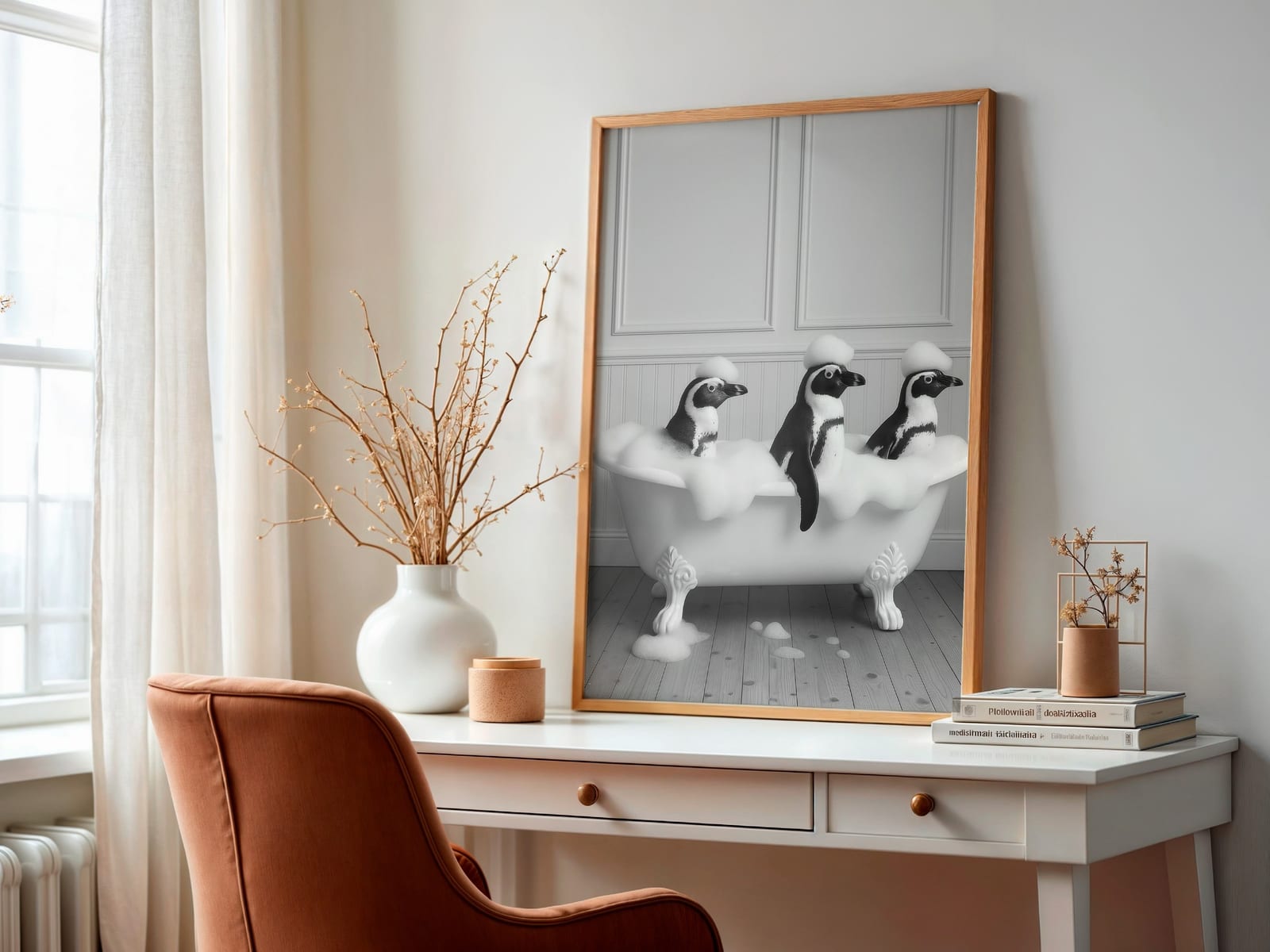 Penguins in Bathtub Print, Funny Bathroom Wall Art, Deadpan Animal Humor