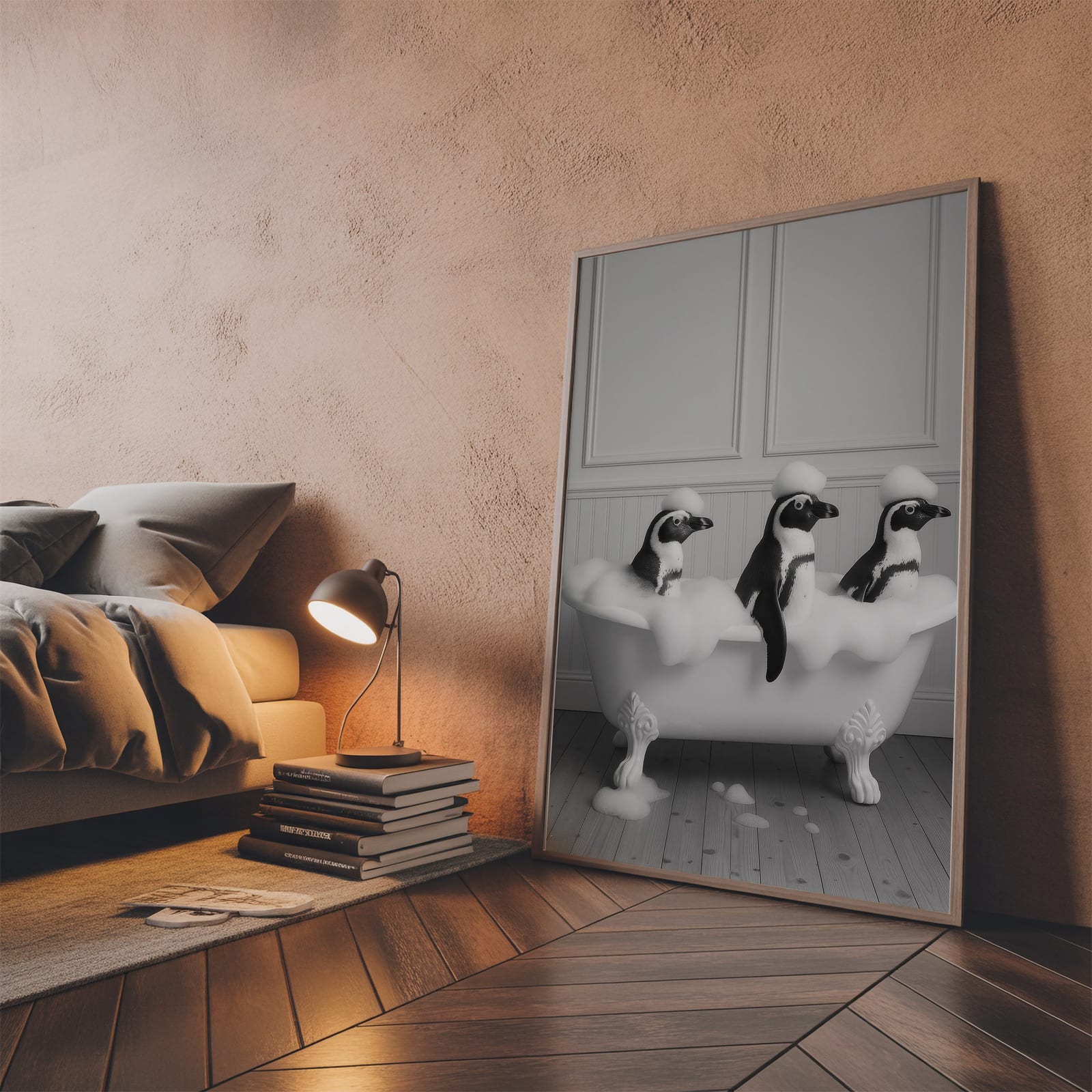 Penguins in Bathtub Print, Funny Bathroom Wall Art, Deadpan Animal Humor