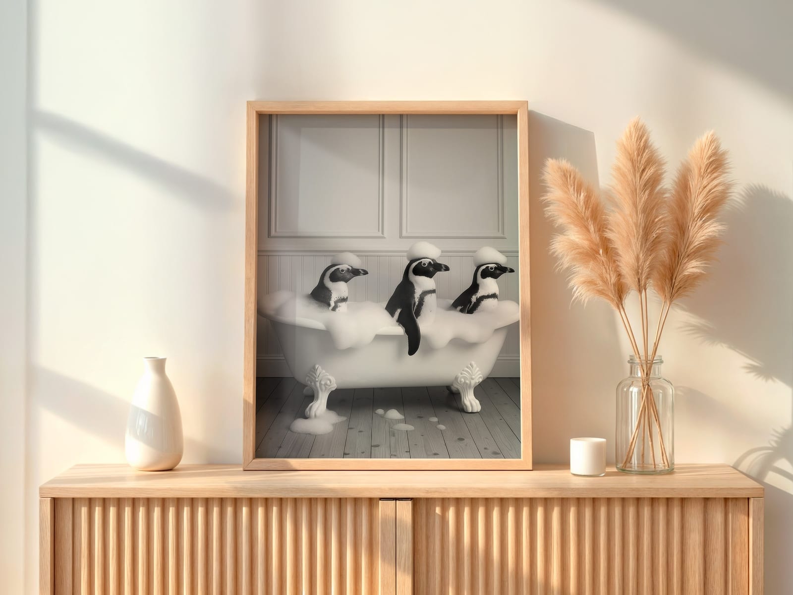 Penguins in Bathtub Print, Funny Bathroom Wall Art, Deadpan Animal Humor