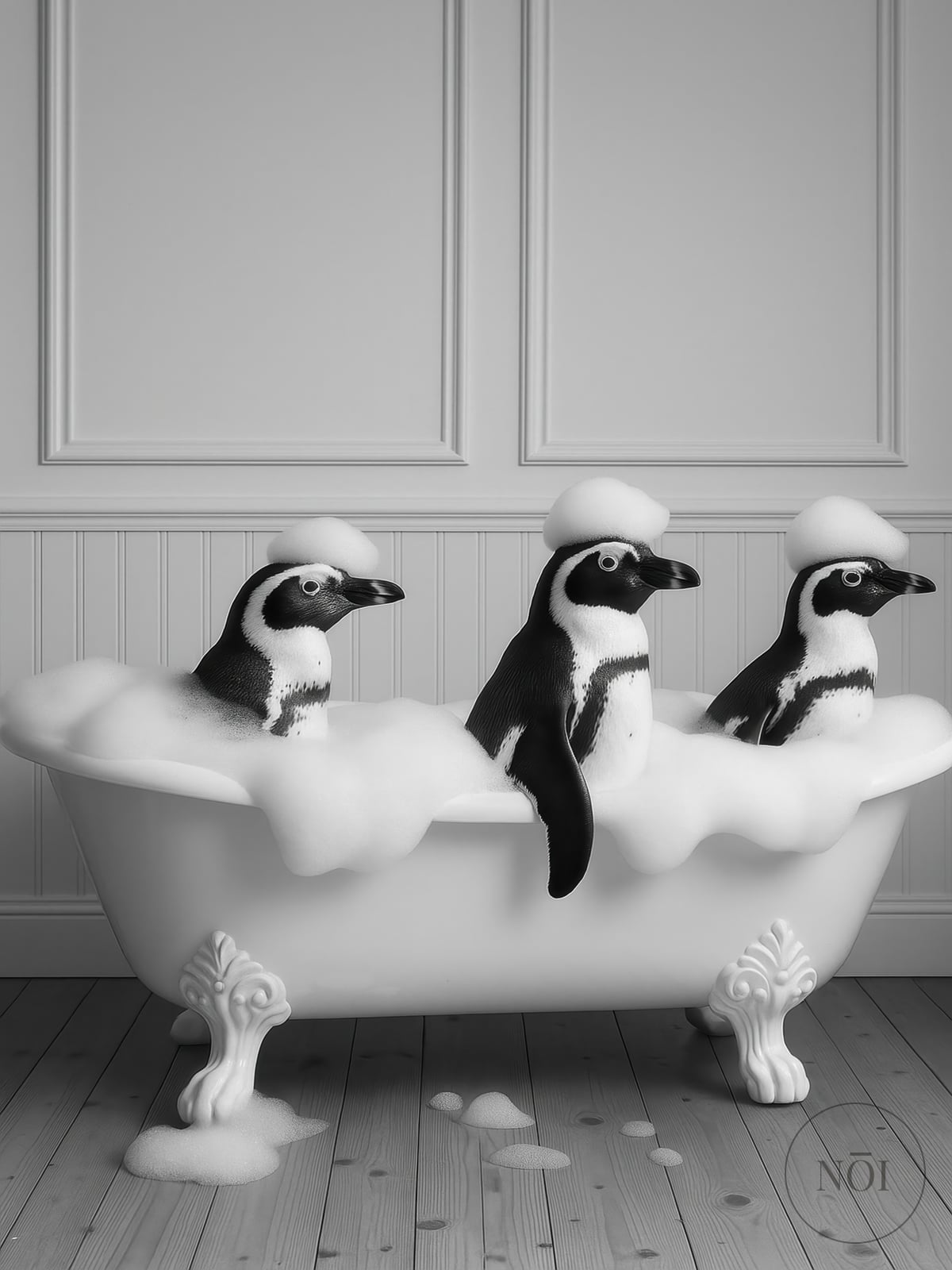 Penguins in Bathtub Print, Funny Bathroom Wall Art, Deadpan Animal Humor — Poster (ungerahmt)