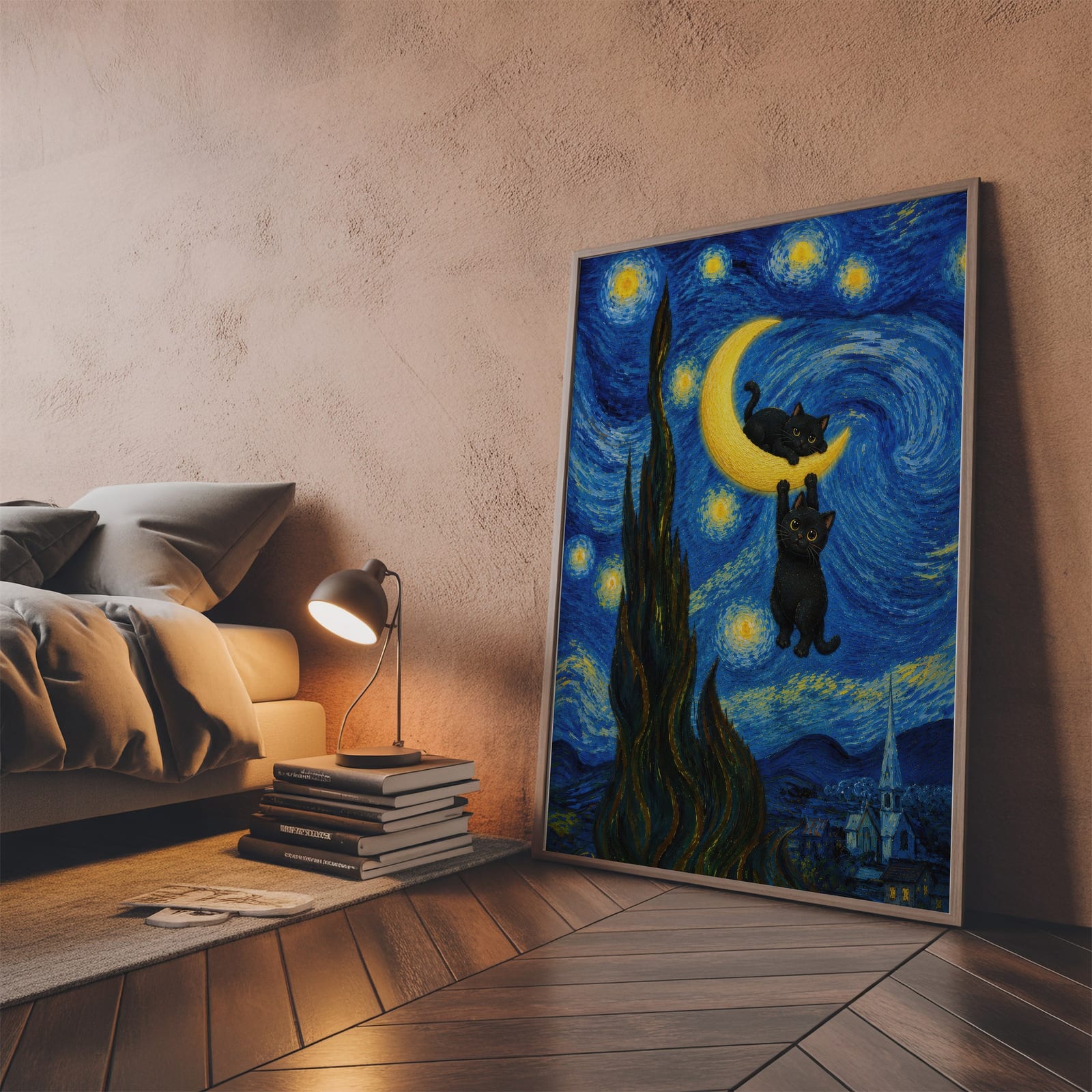 Lámina Gato Negro bajo la Luna