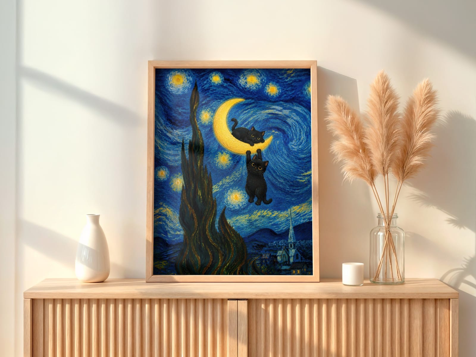 Lámina Gato Negro bajo la Luna