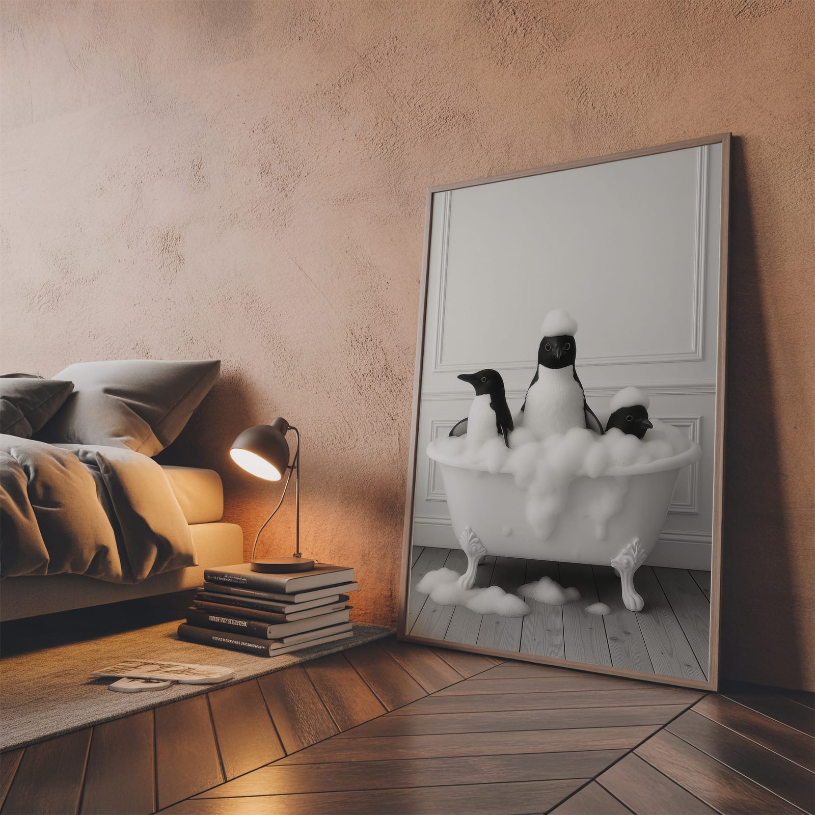 Penguins in Bathtub Print, Funny Bathroom Wall Art, Animal Humor Poster