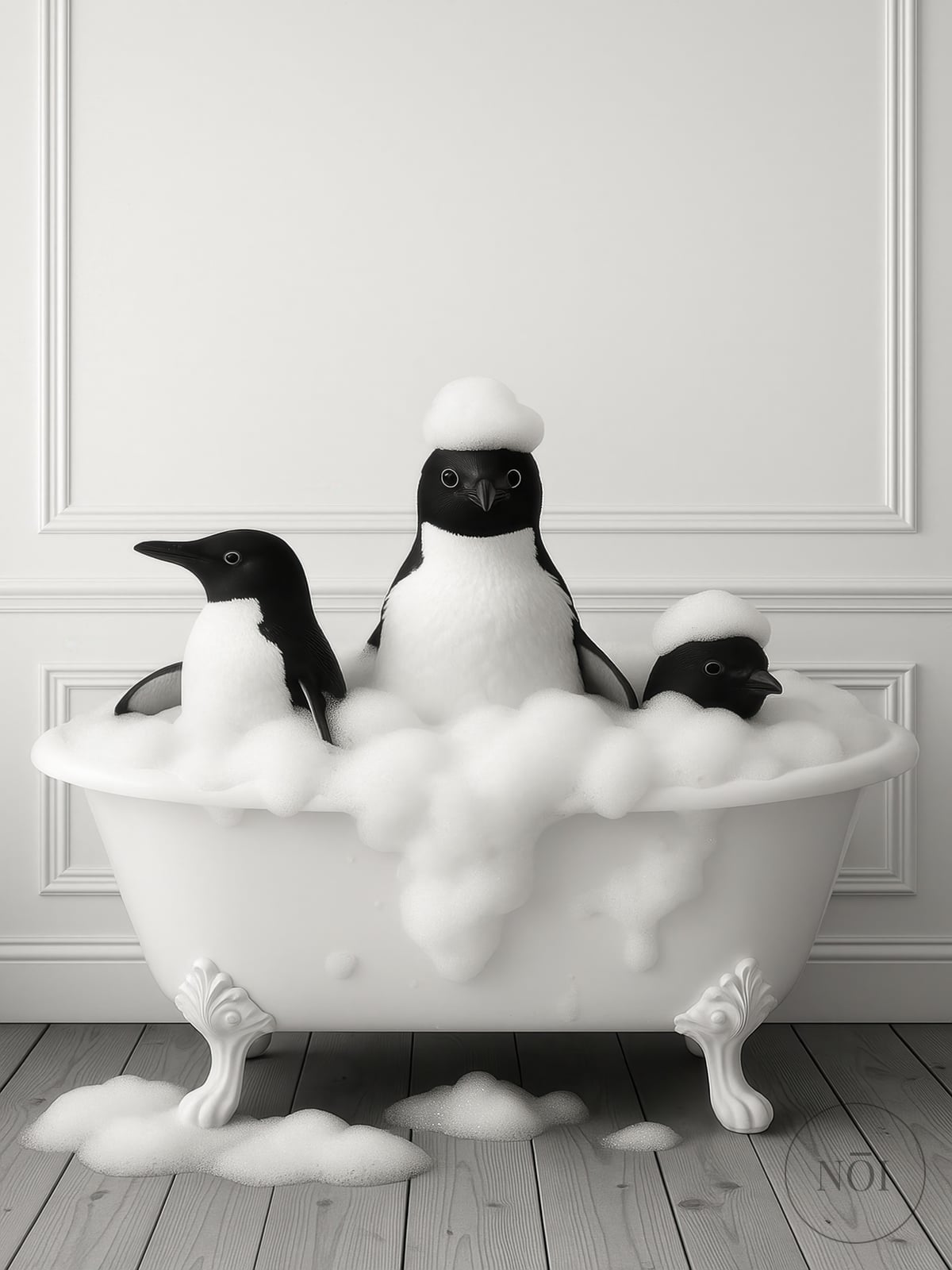 Lámina Pingüinos en la Bañera, Arte Mural Divertido para el Baño, Póster de Humor Animal — Poster (ungerahmt)