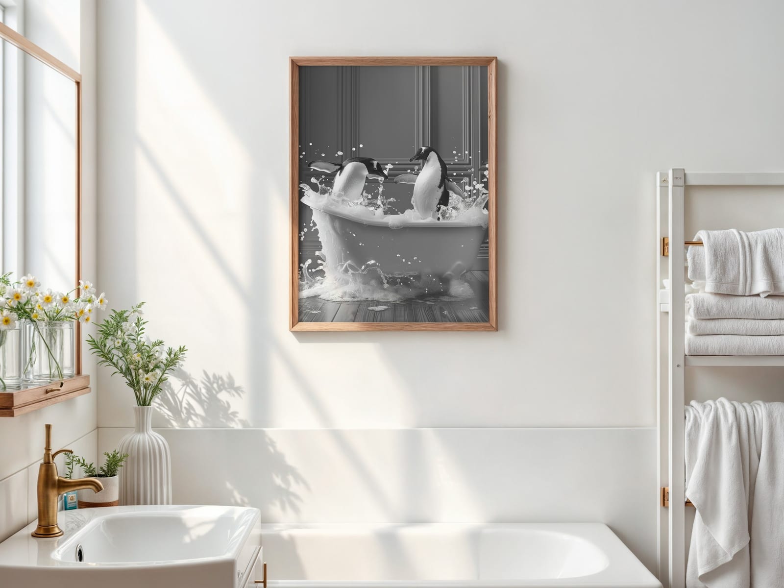 Affiche Pingouin dans la Baignoire – Art Animalier Amusant en Noir et Blanc