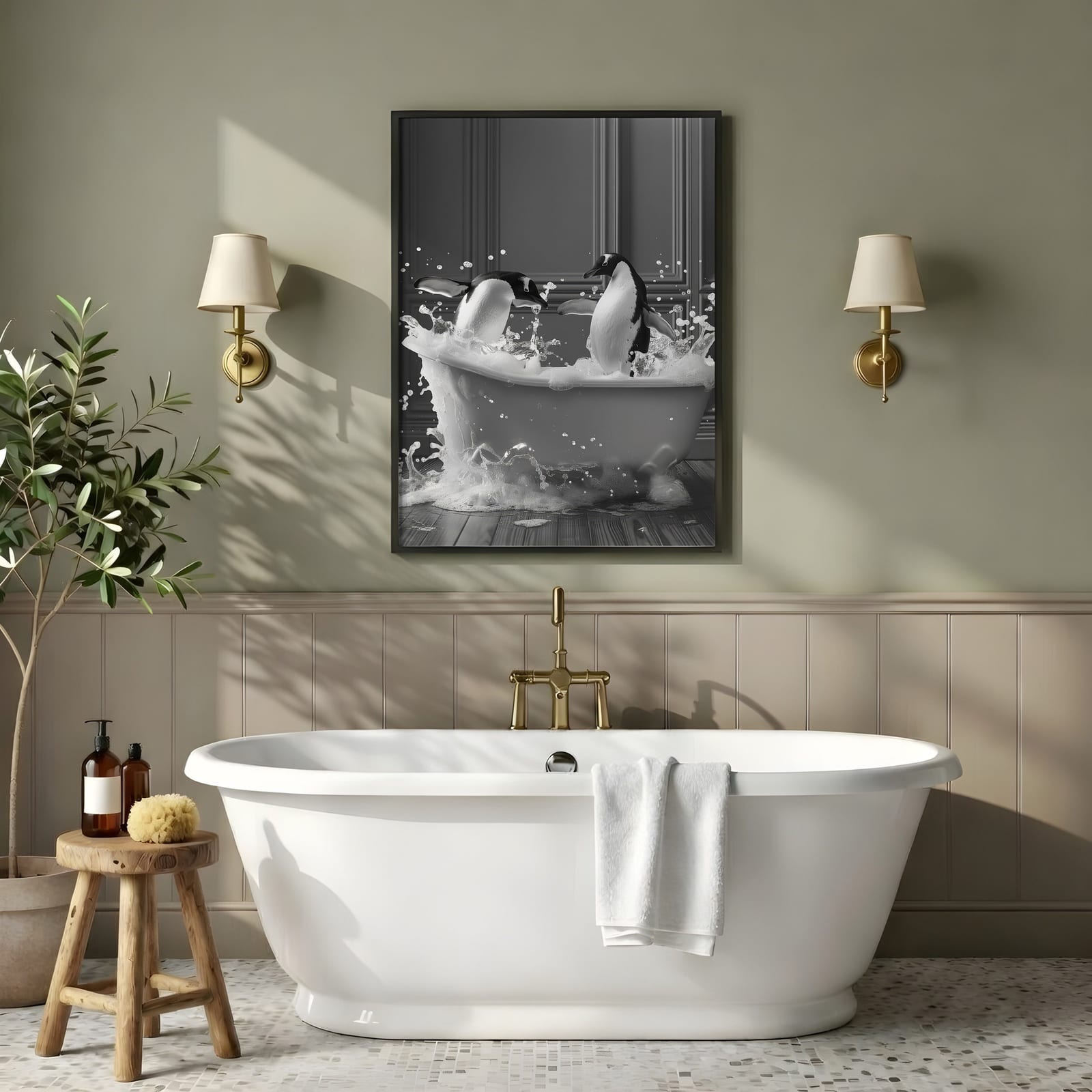 Affiche Pingouin dans la Baignoire – Art Animalier Amusant en Noir et Blanc