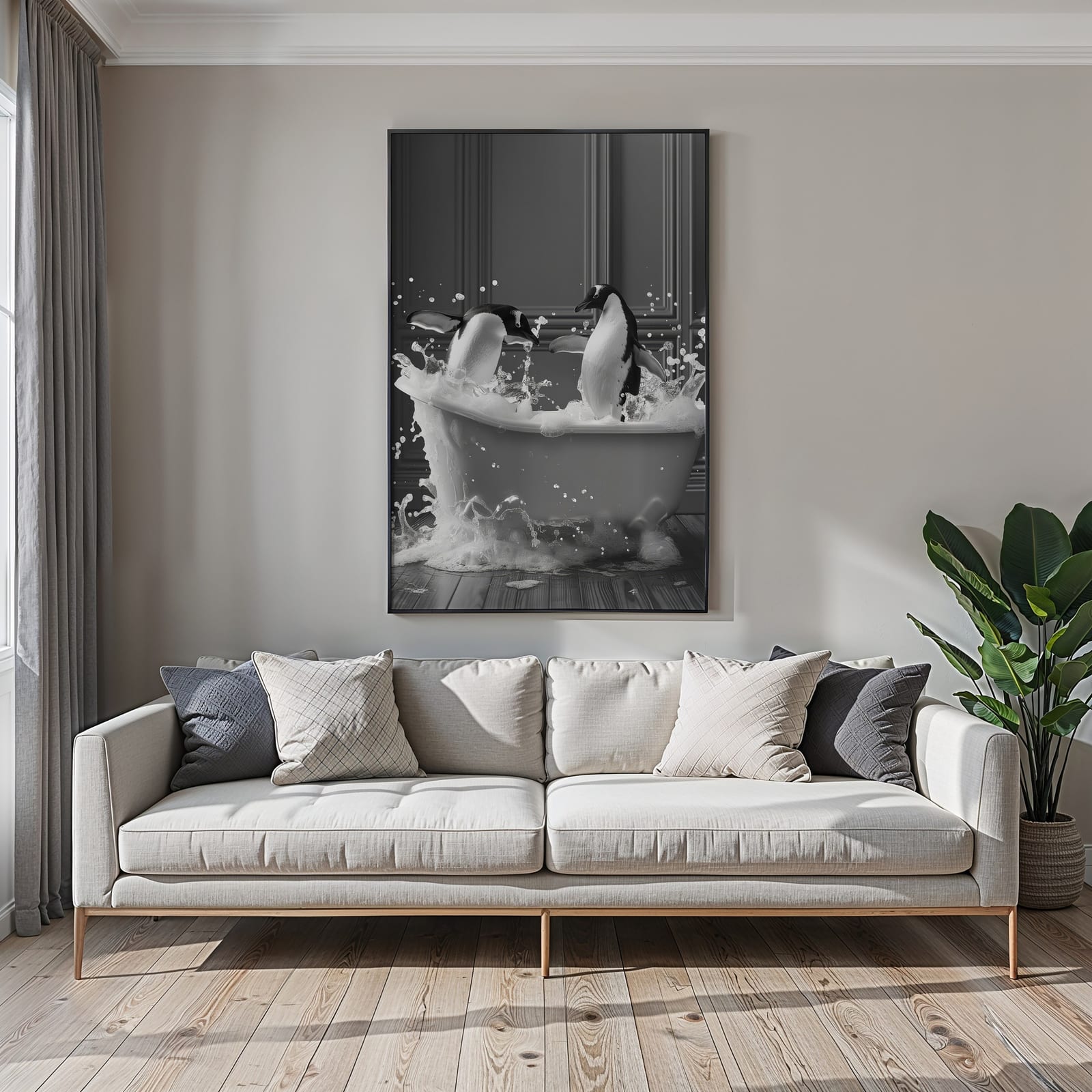 Affiche Pingouin dans la Baignoire – Art Animalier Amusant en Noir et Blanc