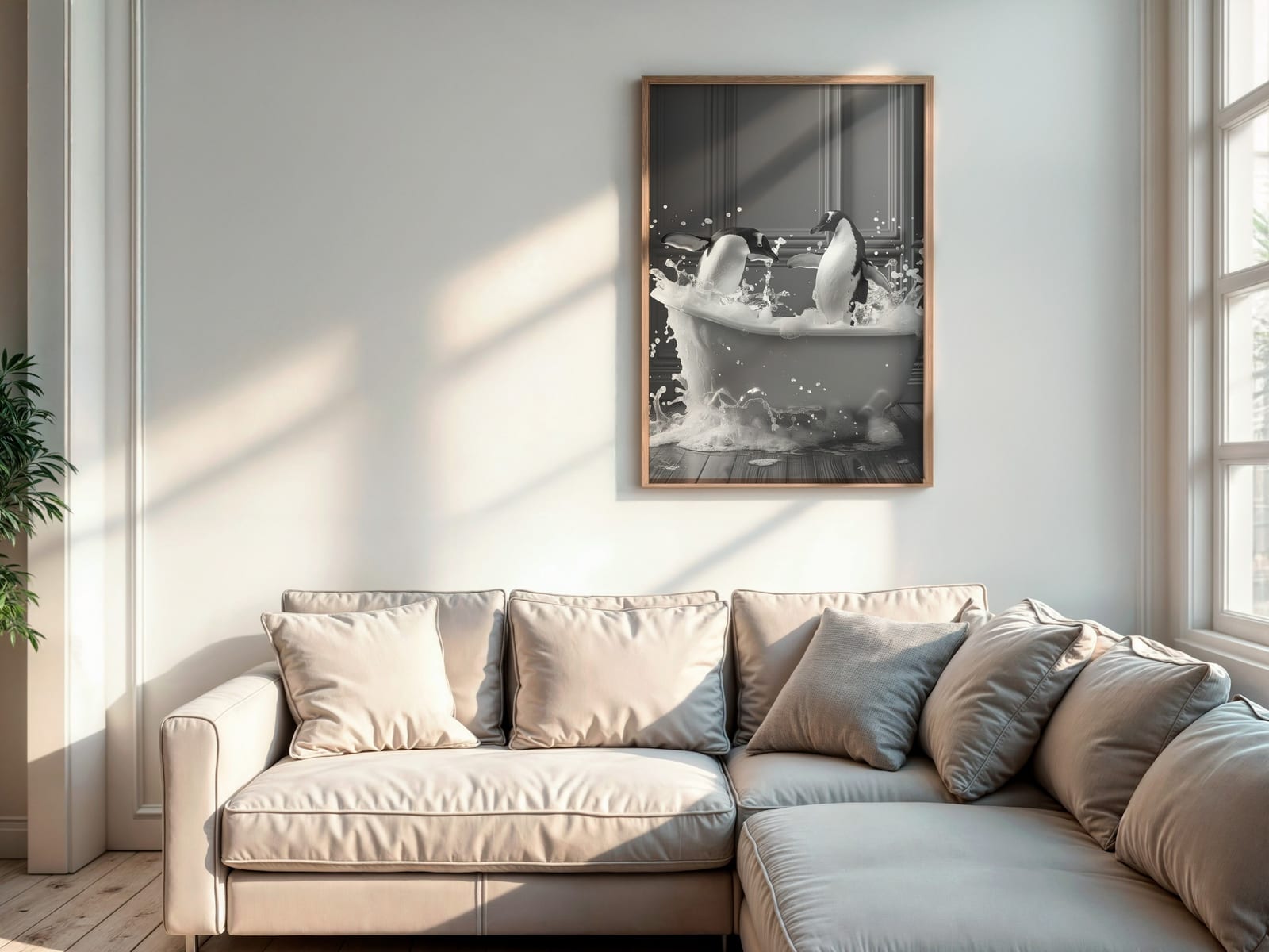 Affiche Pingouin dans la Baignoire – Art Animalier Amusant en Noir et Blanc