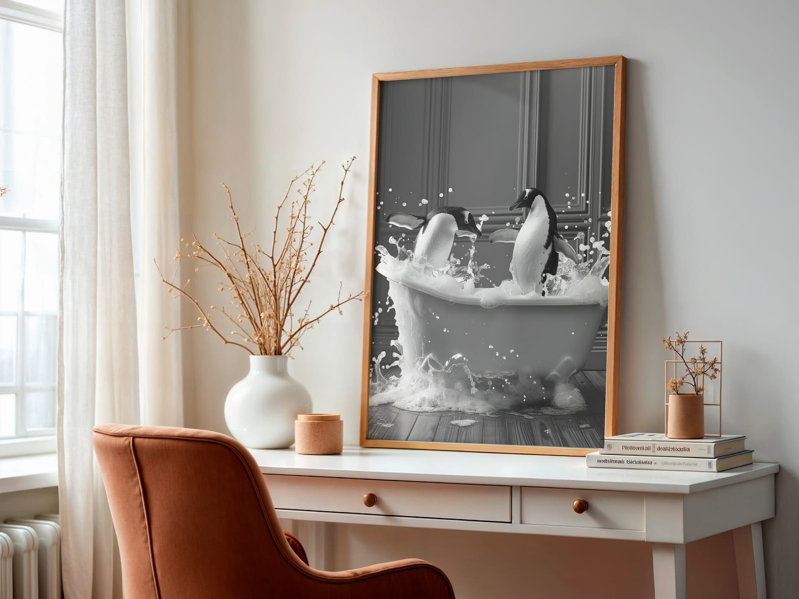 Affiche Pingouin dans la Baignoire – Art Animalier Amusant en Noir et Blanc