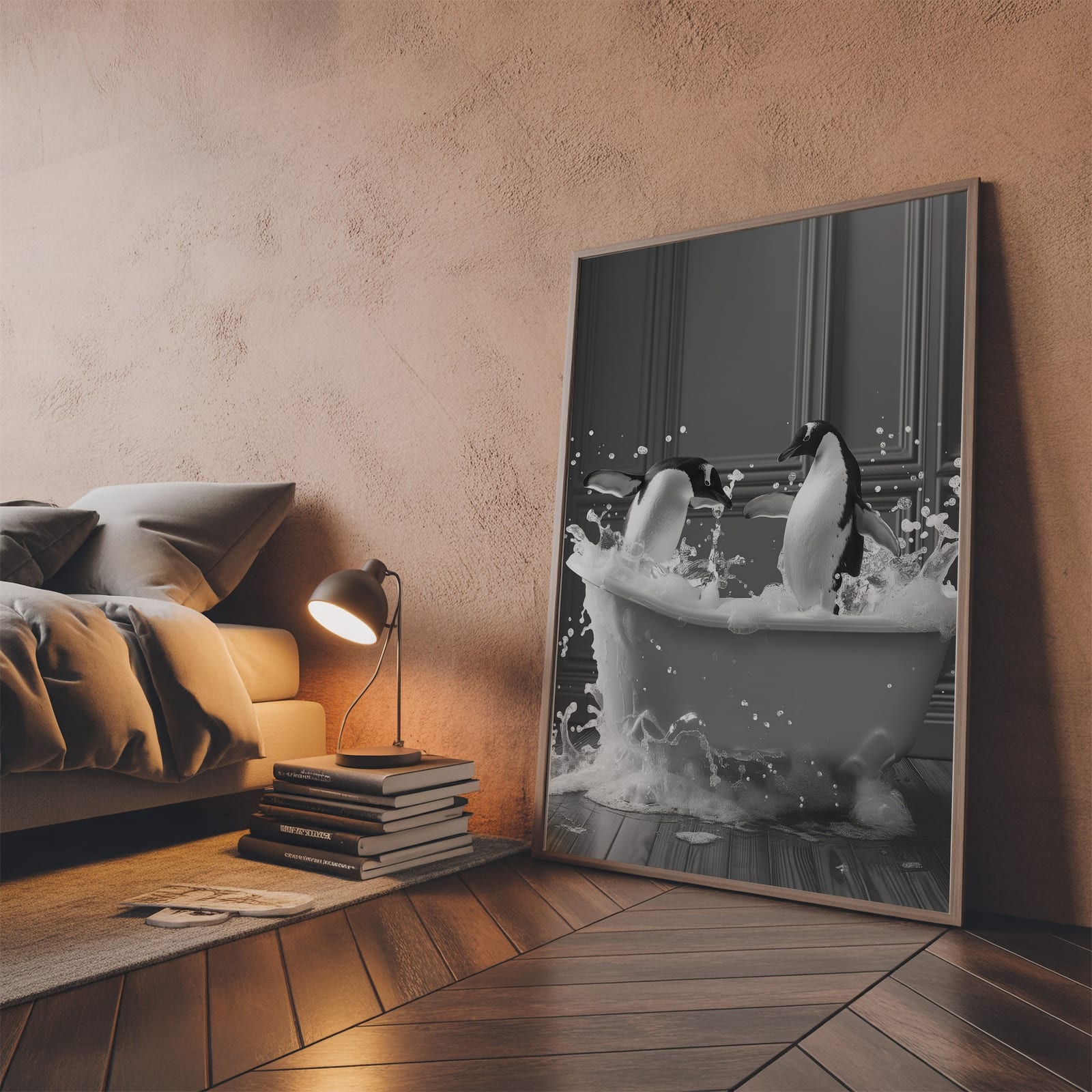 Affiche Pingouin dans la Baignoire – Art Animalier Amusant en Noir et Blanc