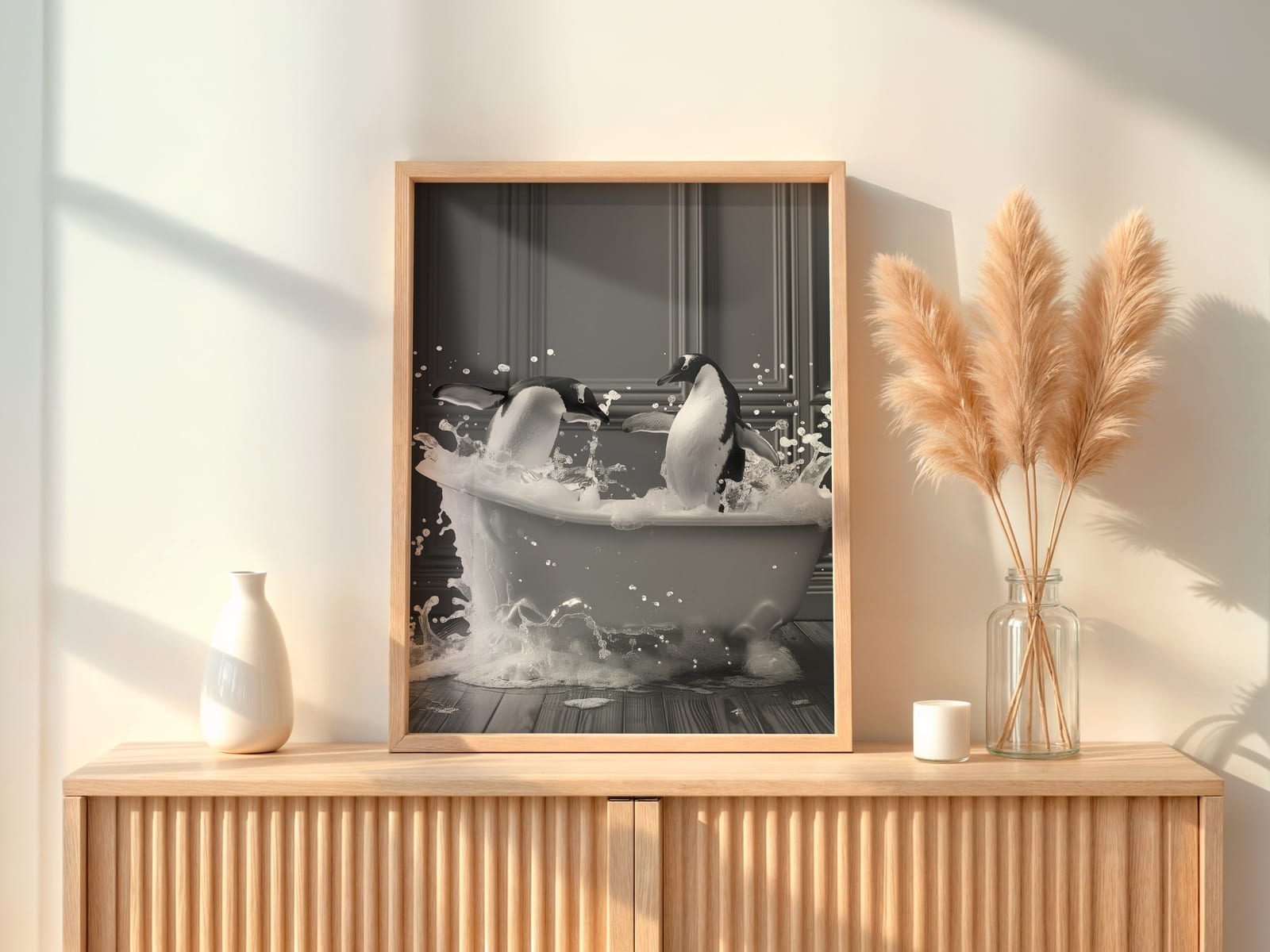 Affiche Pingouin dans la Baignoire – Art Animalier Amusant en Noir et Blanc