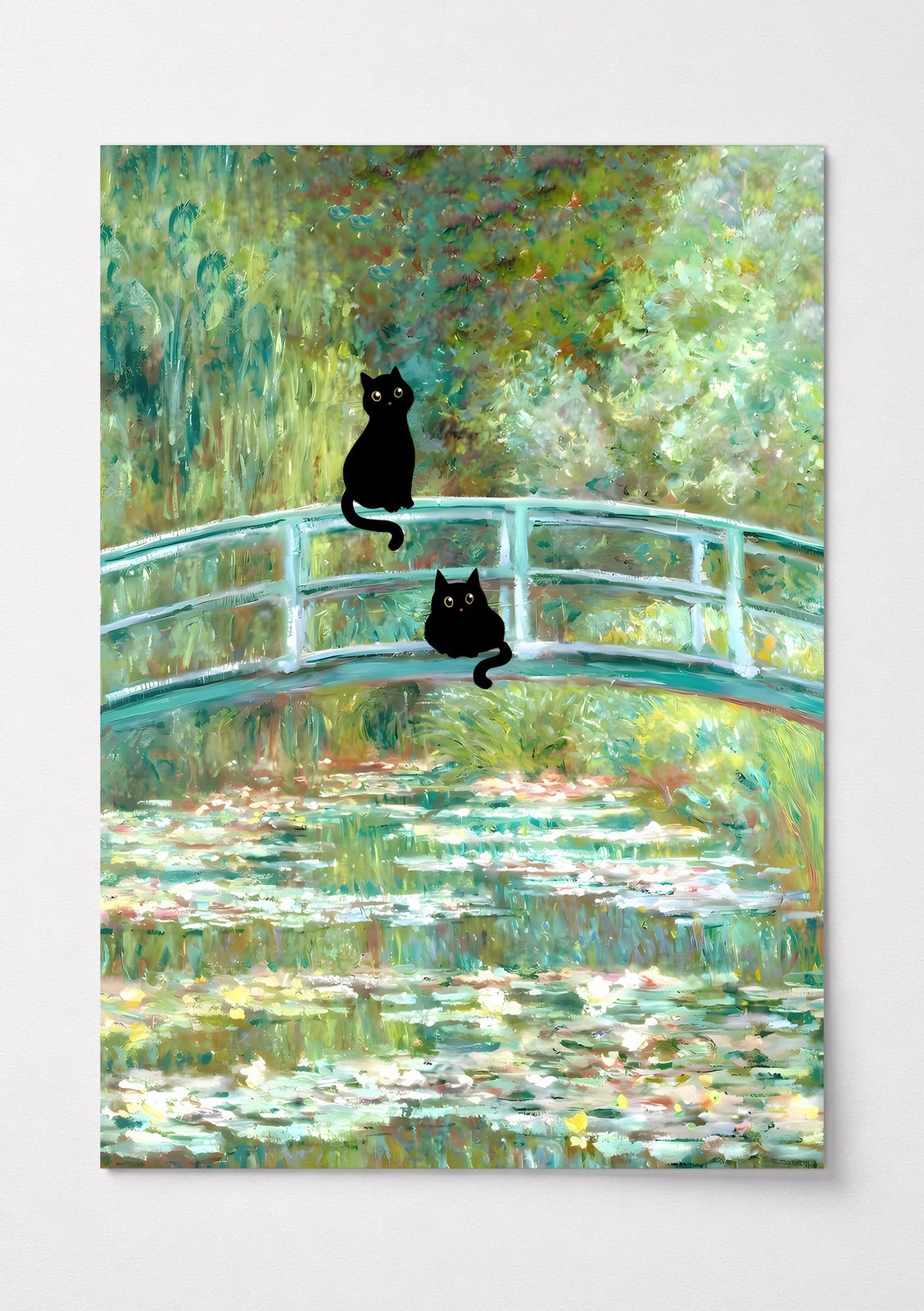 Sort Kat ved Åkandedammen Print, Monet-parodi Vægkunst, Humoristisk Badeværelsesdekor