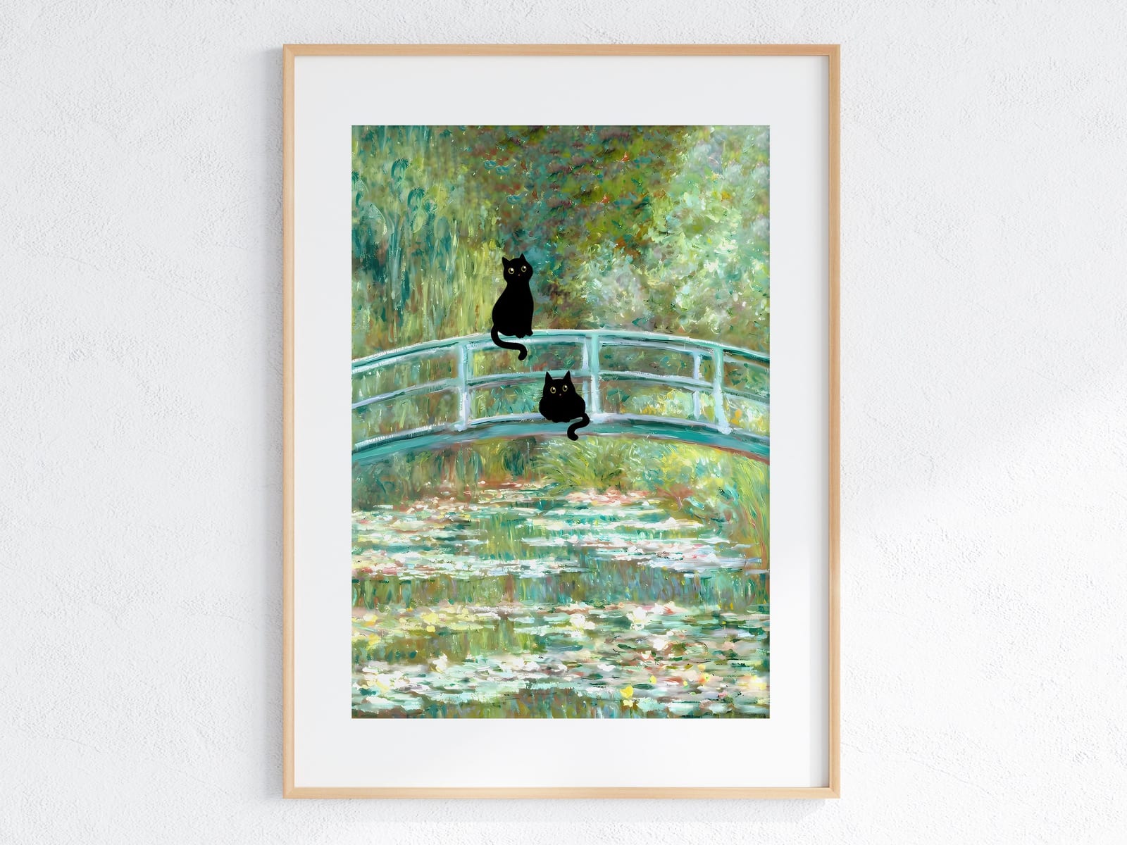 Sort Kat ved Åkandedammen Print, Monet-parodi Vægkunst, Humoristisk Badeværelsesdekor