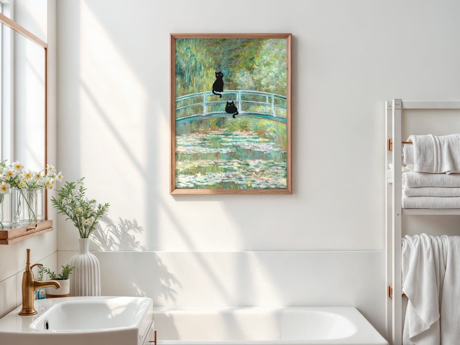 Sort Kat ved Åkandedammen Print, Monet-parodi Vægkunst, Humoristisk Badeværelsesdekor