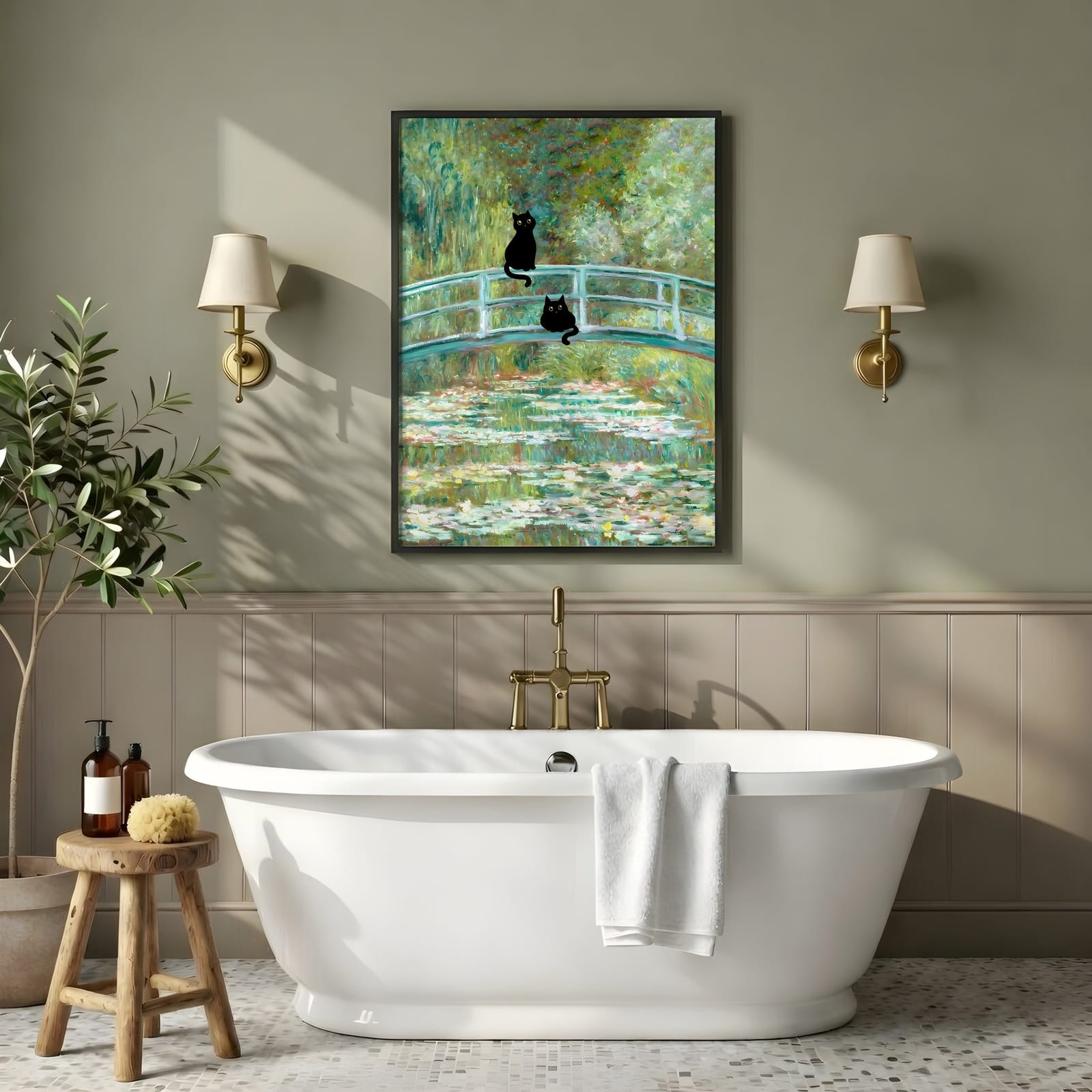 Sort Kat ved Åkandedammen Print, Monet-parodi Vægkunst, Humoristisk Badeværelsesdekor