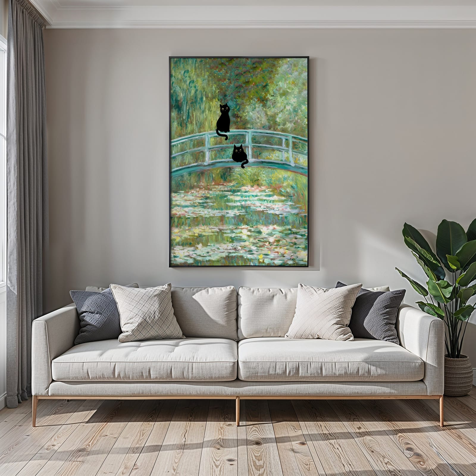 Sort Kat ved Åkandedammen Print, Monet-parodi Vægkunst, Humoristisk Badeværelsesdekor