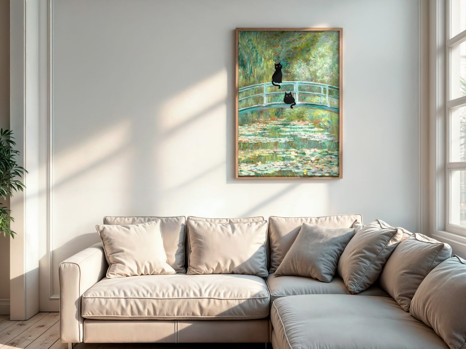 Sort Kat ved Åkandedammen Print, Monet-parodi Vægkunst, Humoristisk Badeværelsesdekor