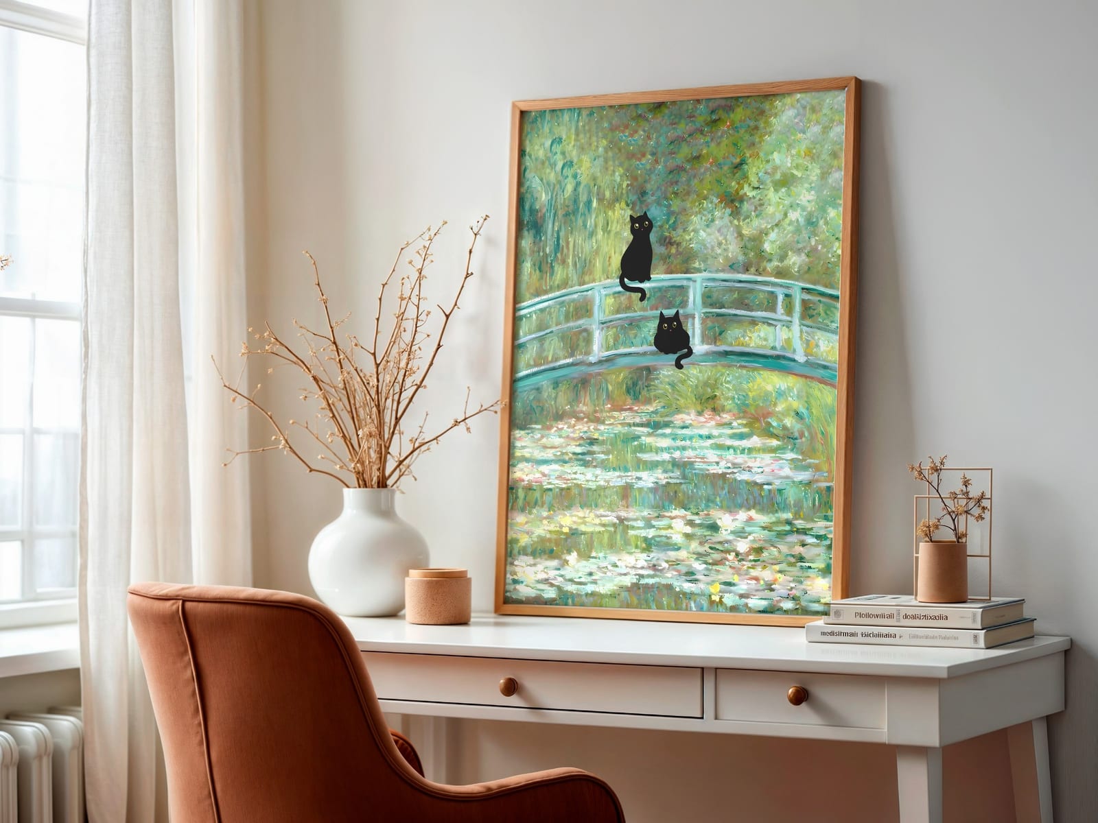 Sort Kat ved Åkandedammen Print, Monet-parodi Vægkunst, Humoristisk Badeværelsesdekor