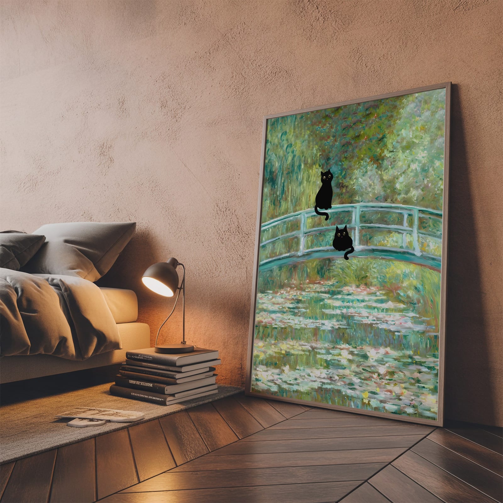 Sort Kat ved Åkandedammen Print, Monet-parodi Vægkunst, Humoristisk Badeværelsesdekor