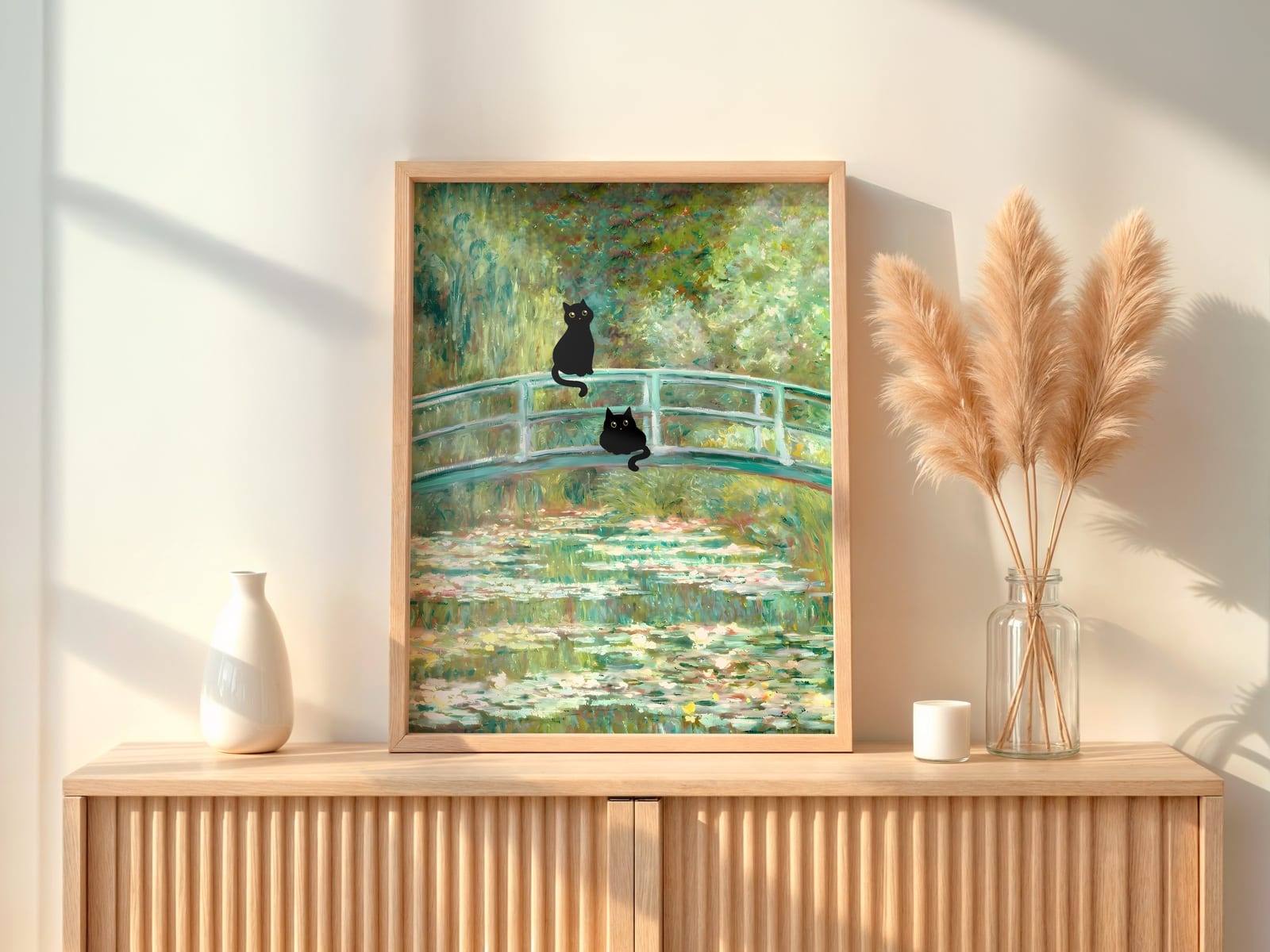 Sort Kat ved Åkandedammen Print, Monet-parodi Vægkunst, Humoristisk Badeværelsesdekor