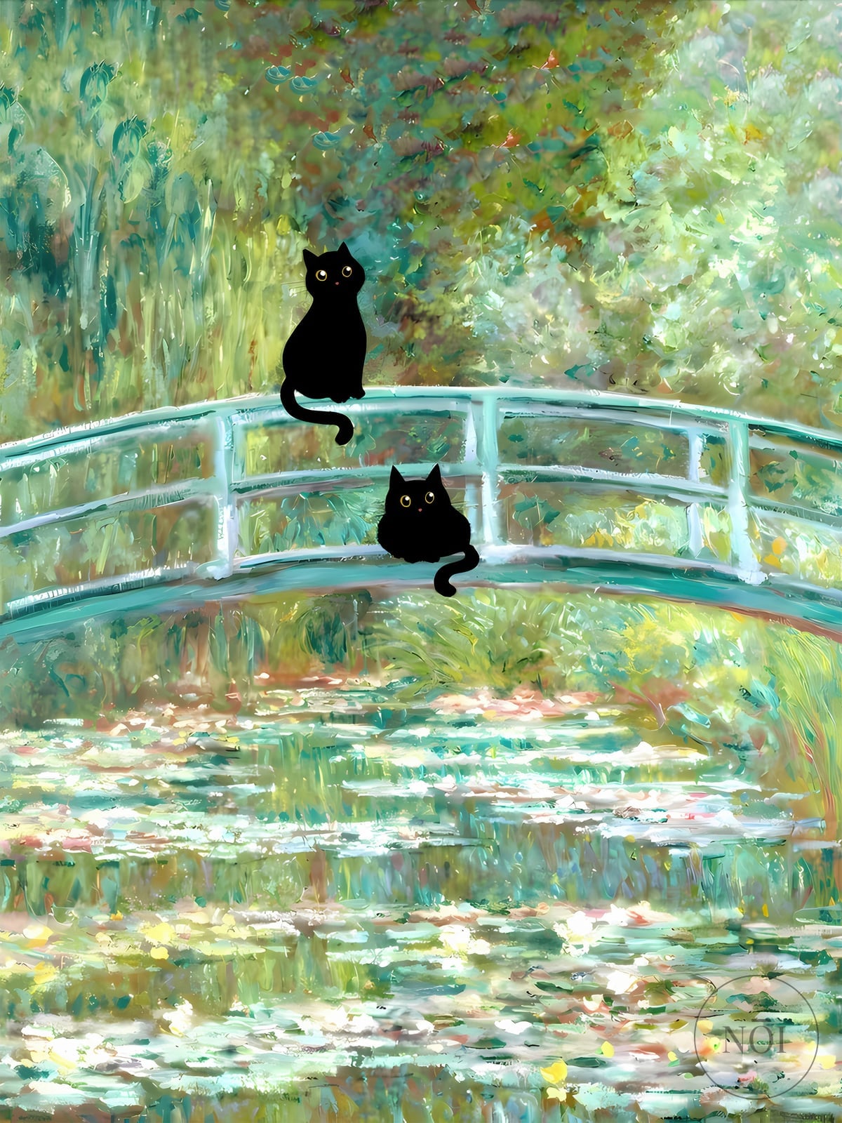 Sort Kat ved Åkandedammen Print, Monet-parodi Vægkunst, Humoristisk Badeværelsesdekor — Poster (ungerahmt)