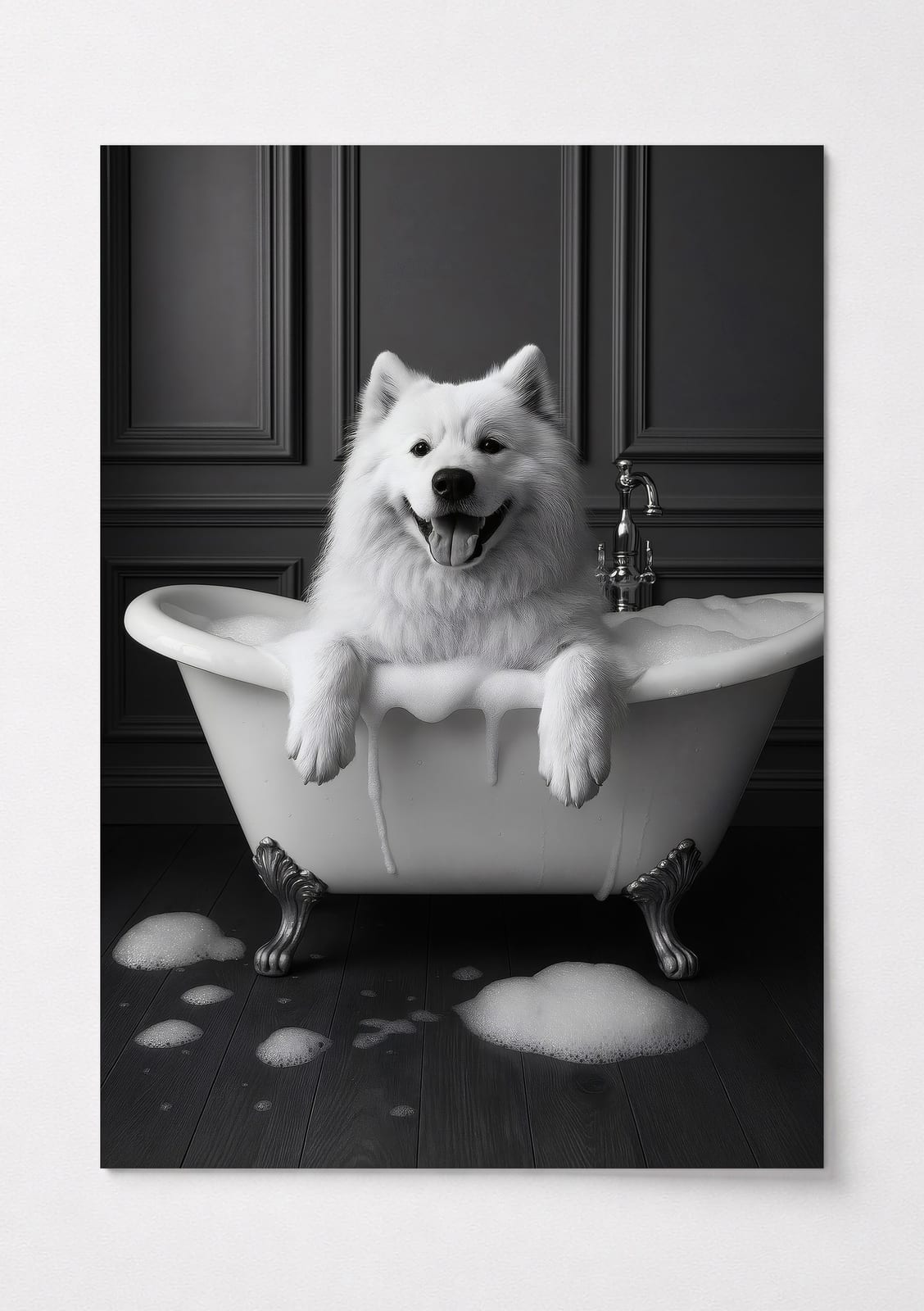 Dog in Bathtub-print, sjov badeværelsesvægkunst, dyrehumor-plakat