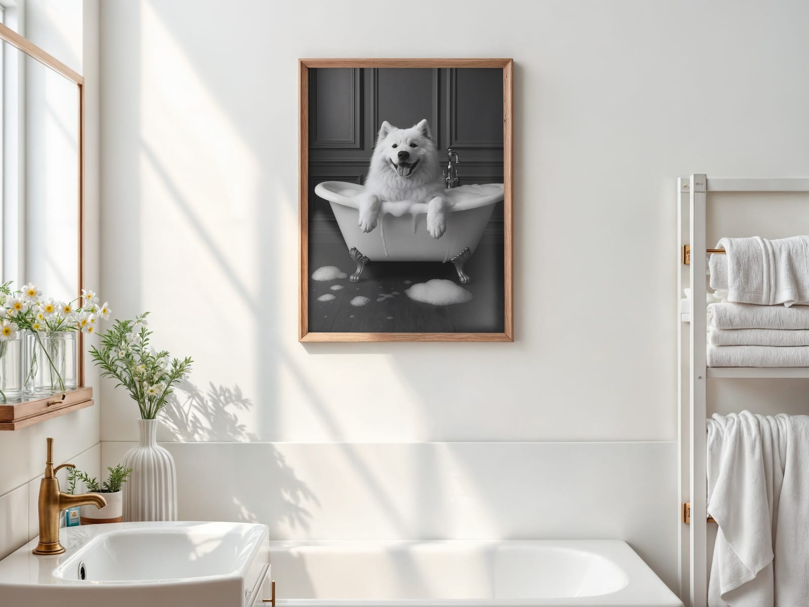 Dog in Bathtub-print, rolig väggkonst för badrum, djurhumor-poster