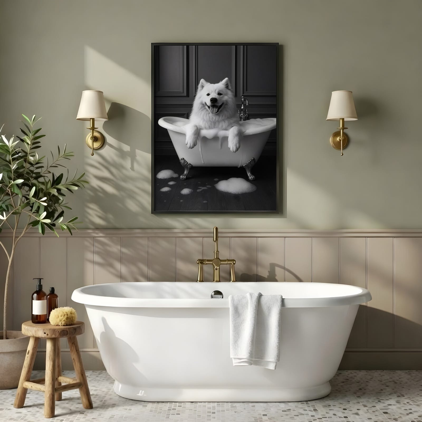 Dog in Bathtub-print, rolig väggkonst för badrum, djurhumor-poster
