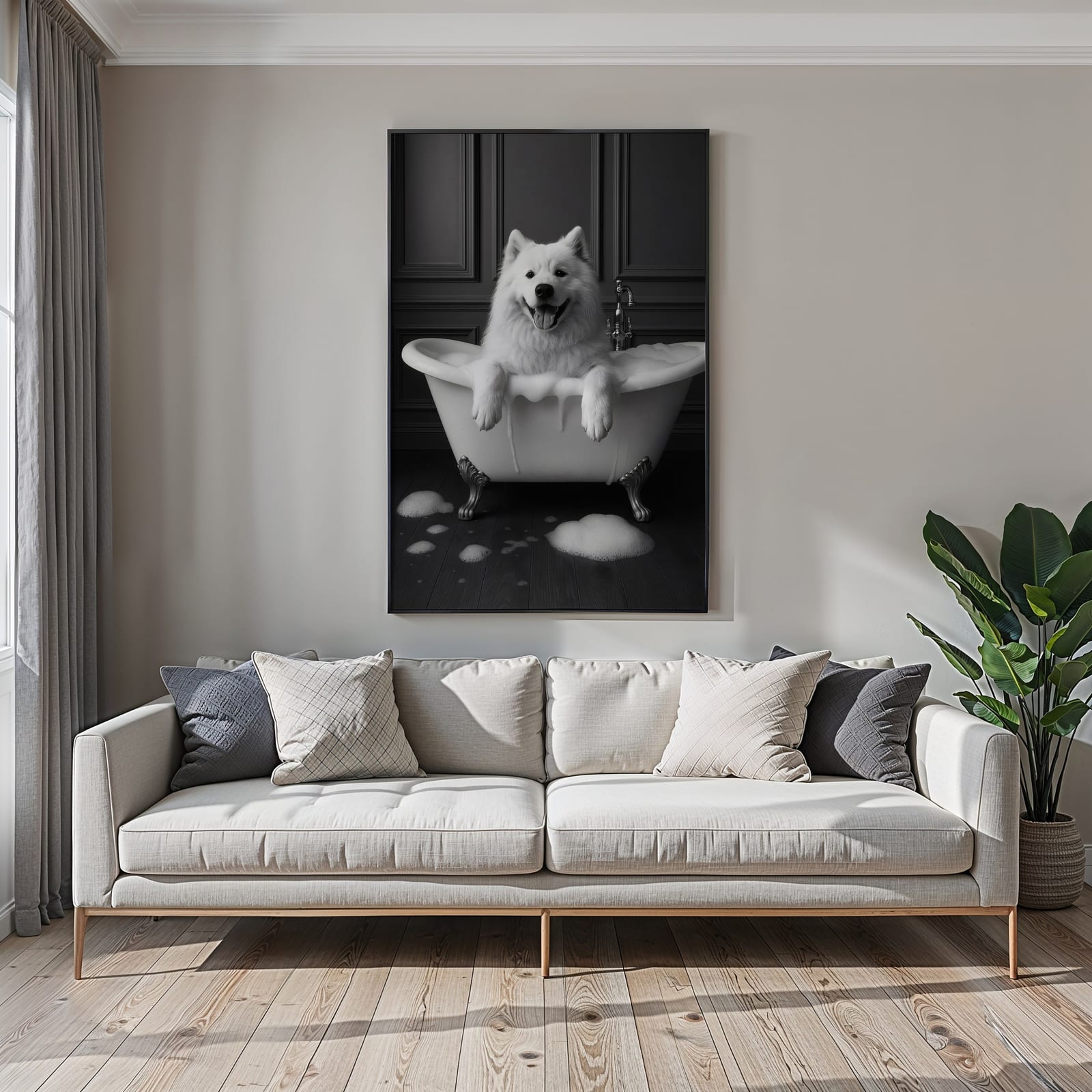 Dog in Bathtub-print, rolig väggkonst för badrum, djurhumor-poster