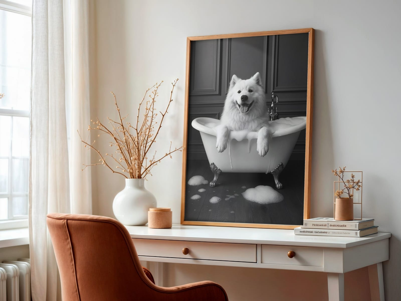 Dog in Bathtub-print, rolig väggkonst för badrum, djurhumor-poster