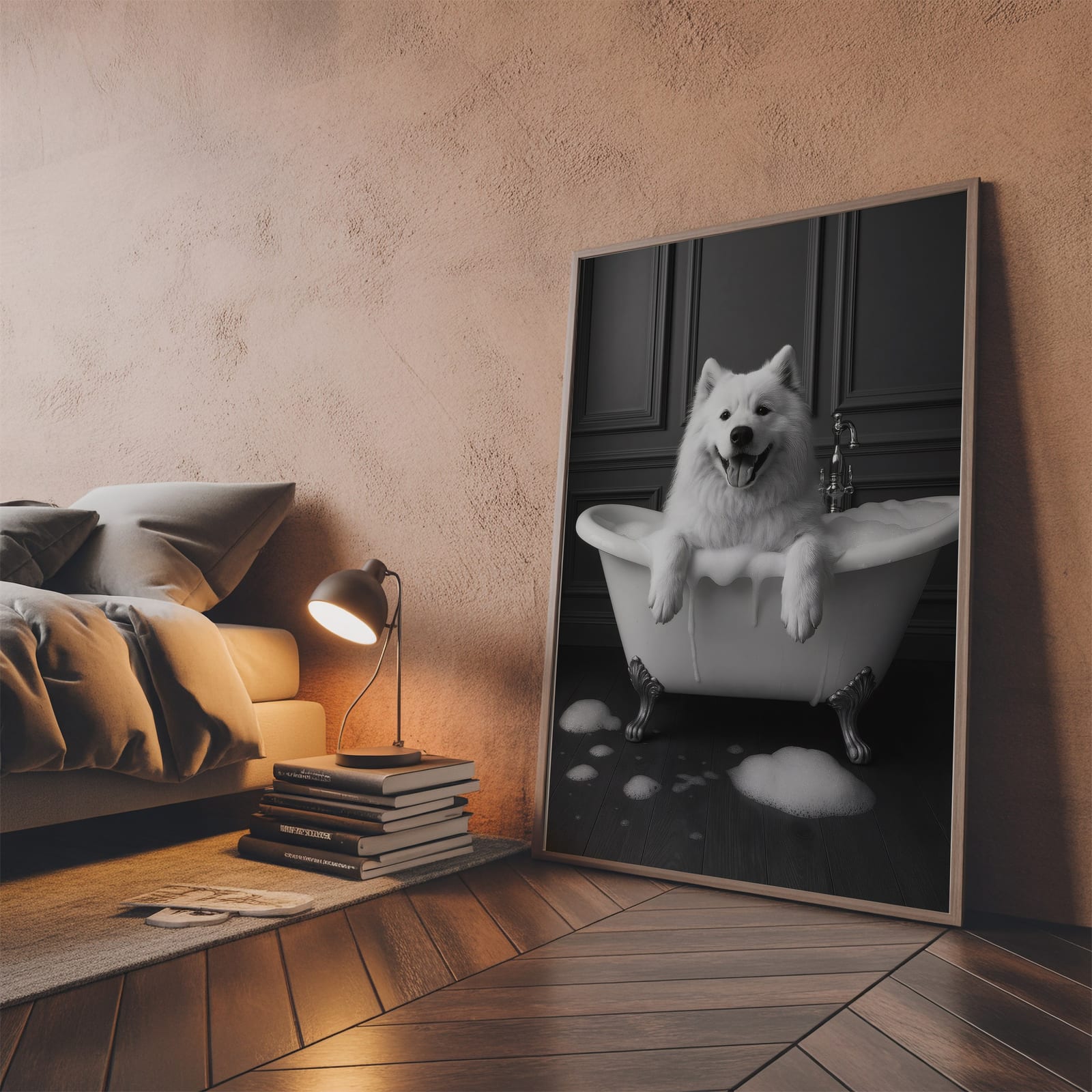 Dog in Bathtub-print, rolig väggkonst för badrum, djurhumor-poster
