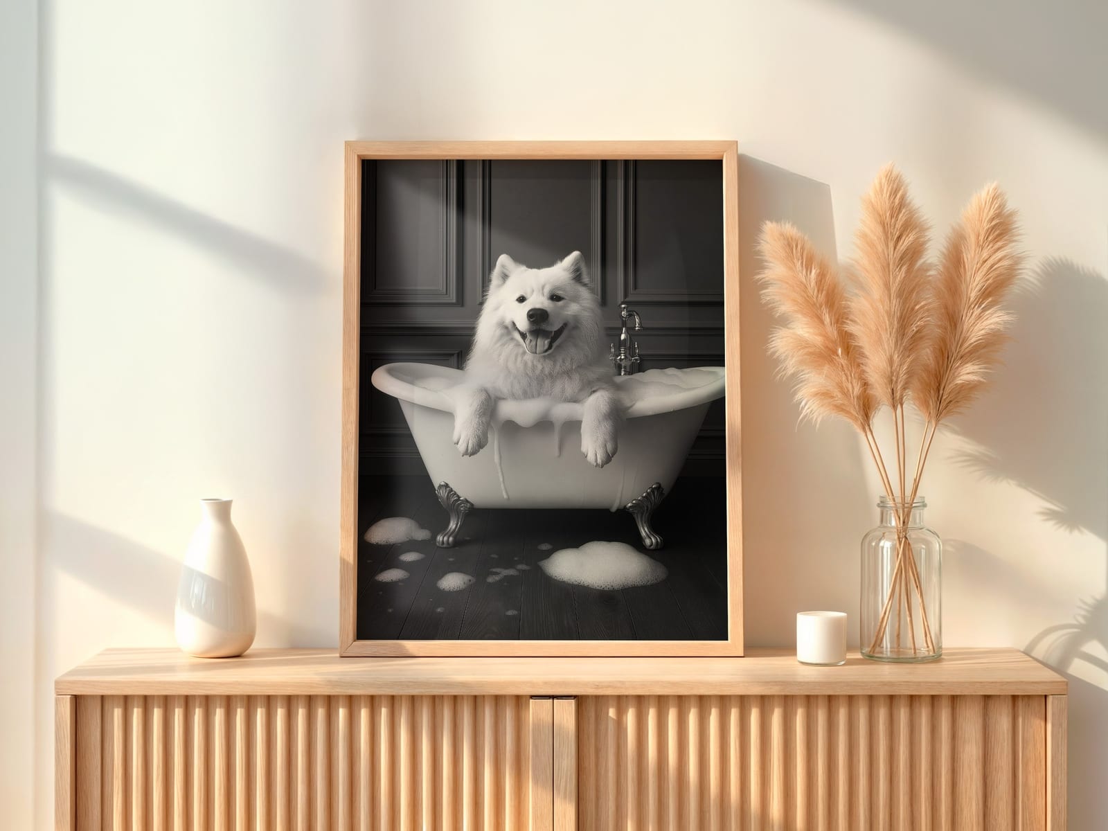 Dog in Bathtub-print, rolig väggkonst för badrum, djurhumor-poster