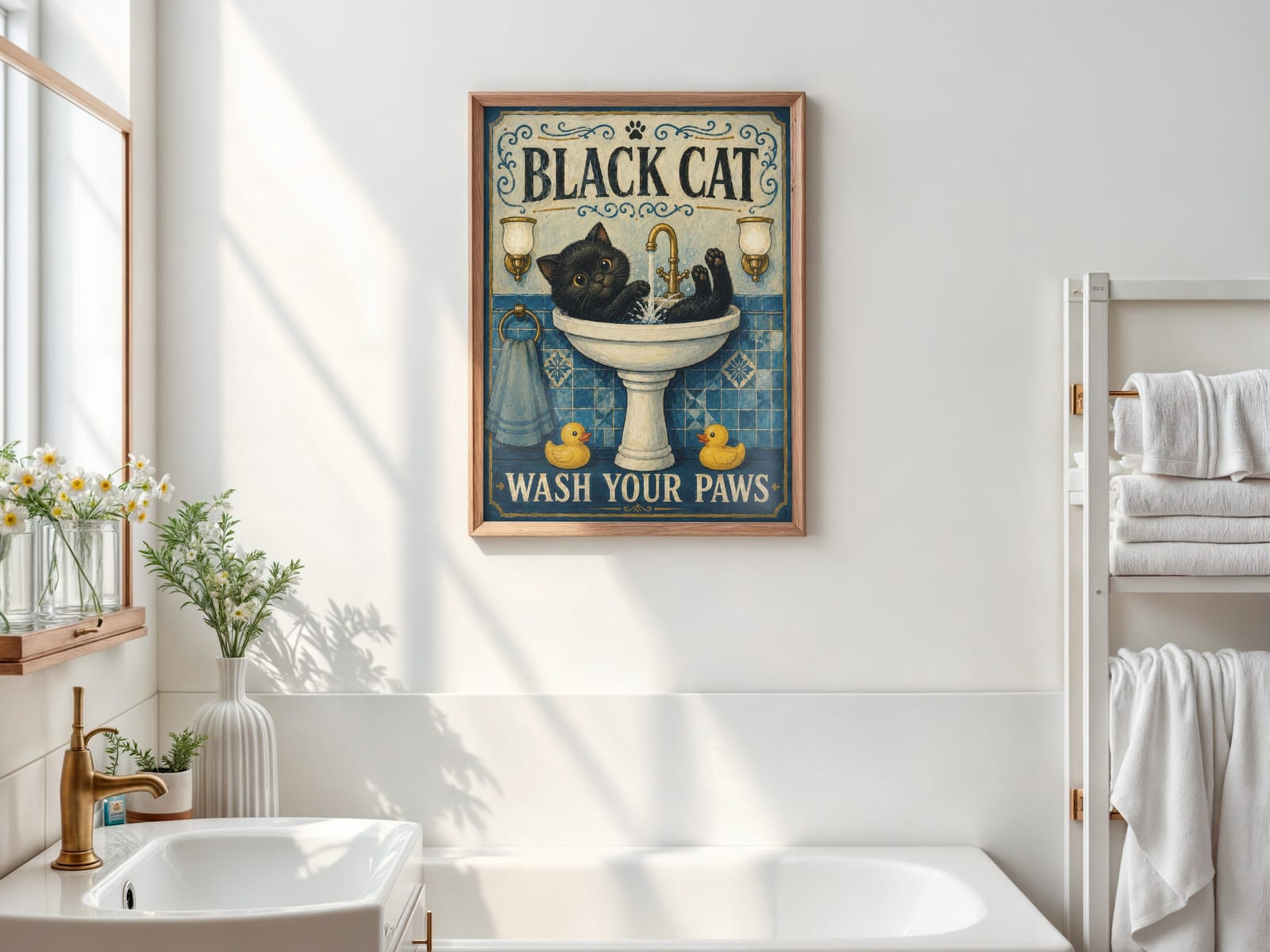 Sort Kat i Håndvasken Print