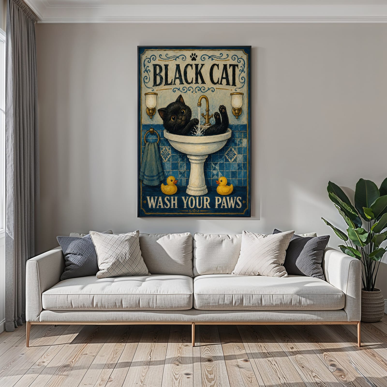 Sort Kat i Håndvasken Print