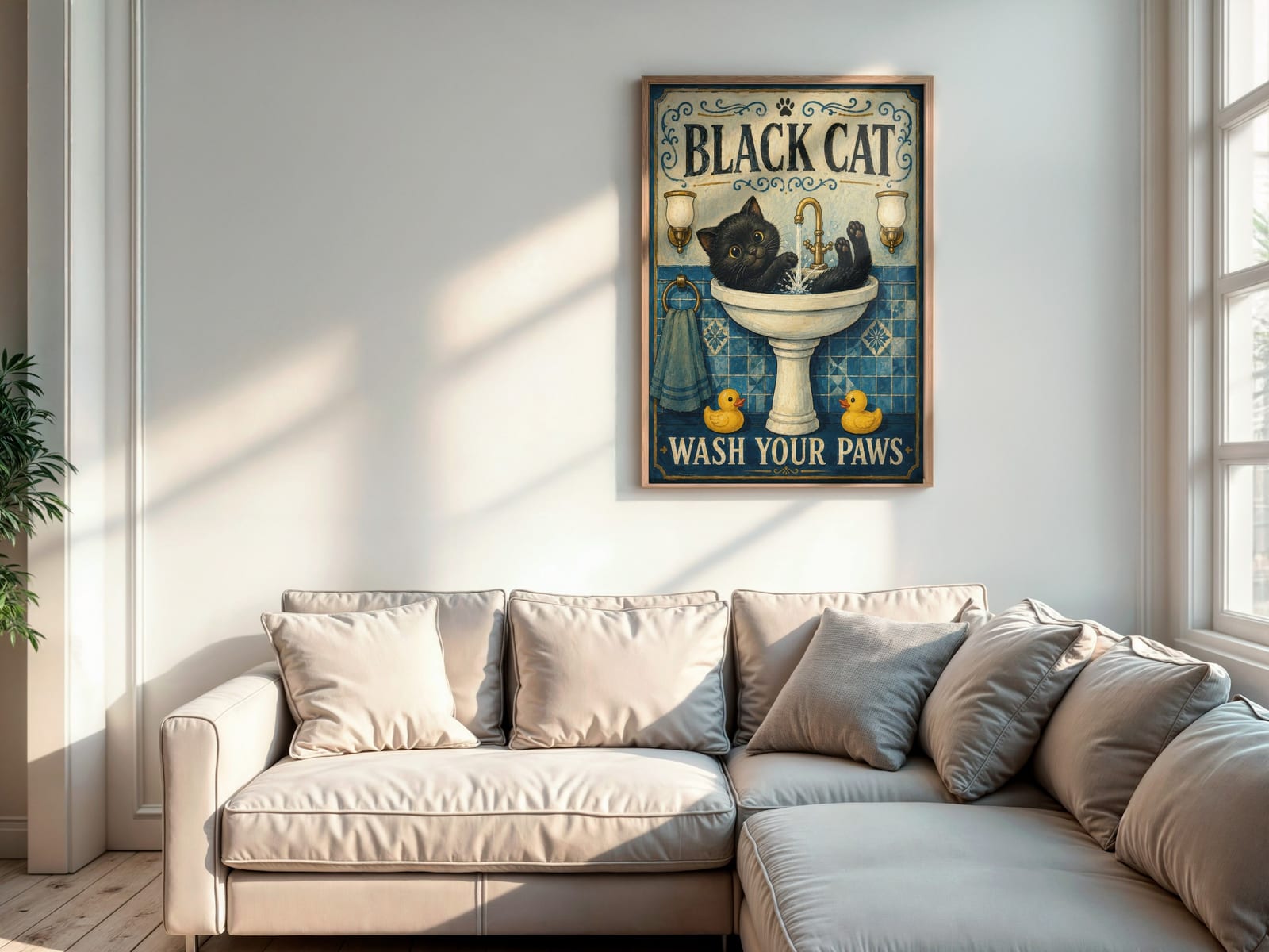 Sort Kat i Håndvasken Print