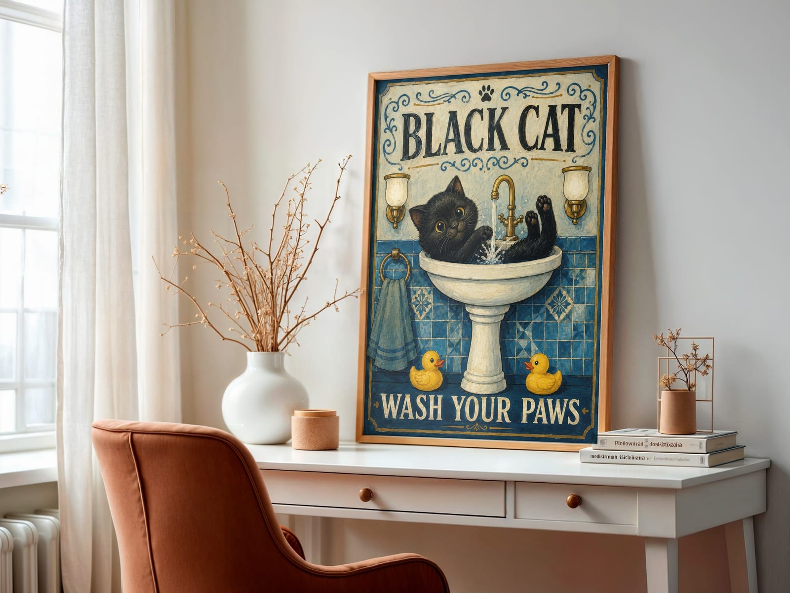 Sort Kat i Håndvasken Print