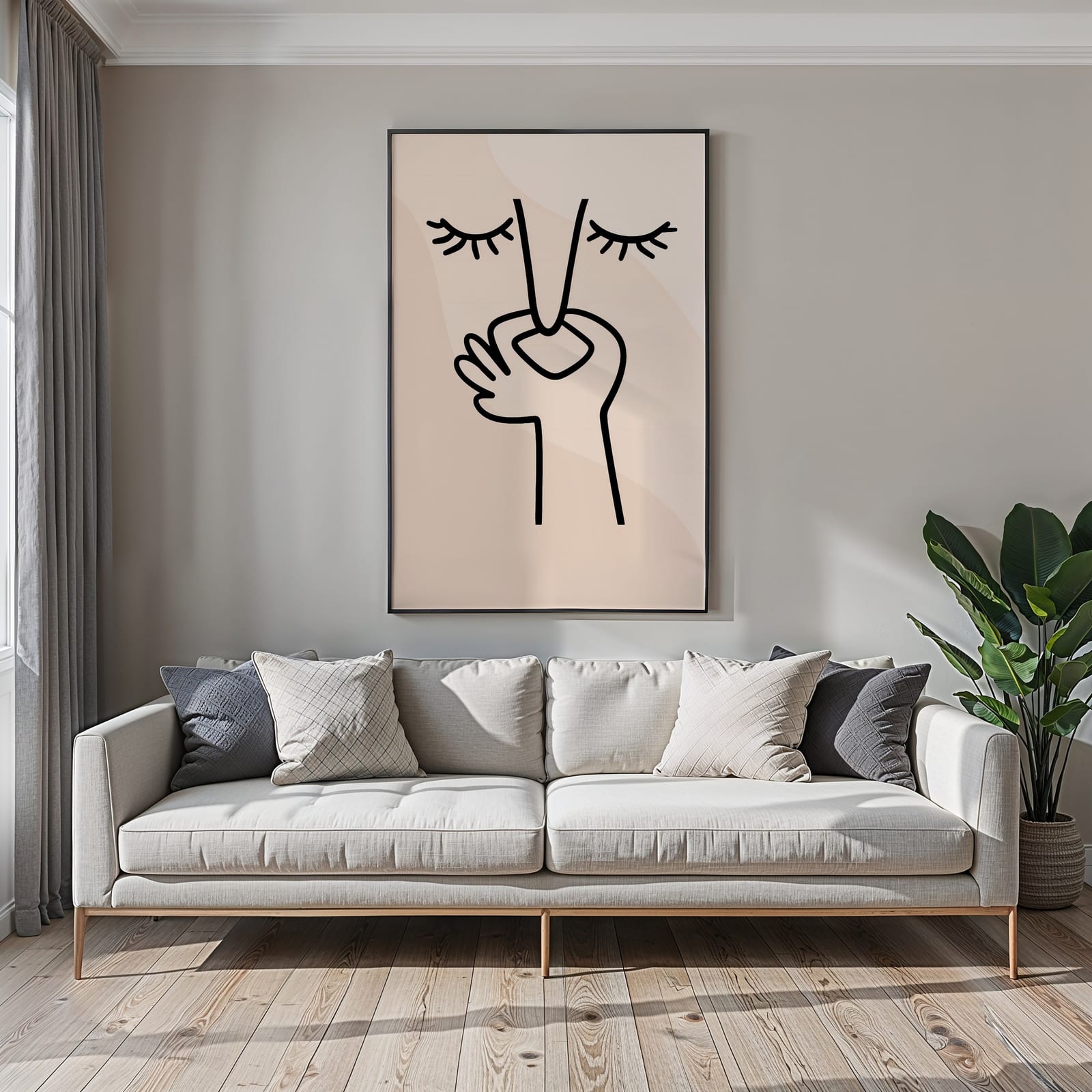 Face Line Drawing-print, zen-minimalistisk veggkunst, nøytral beige soveromsdekor